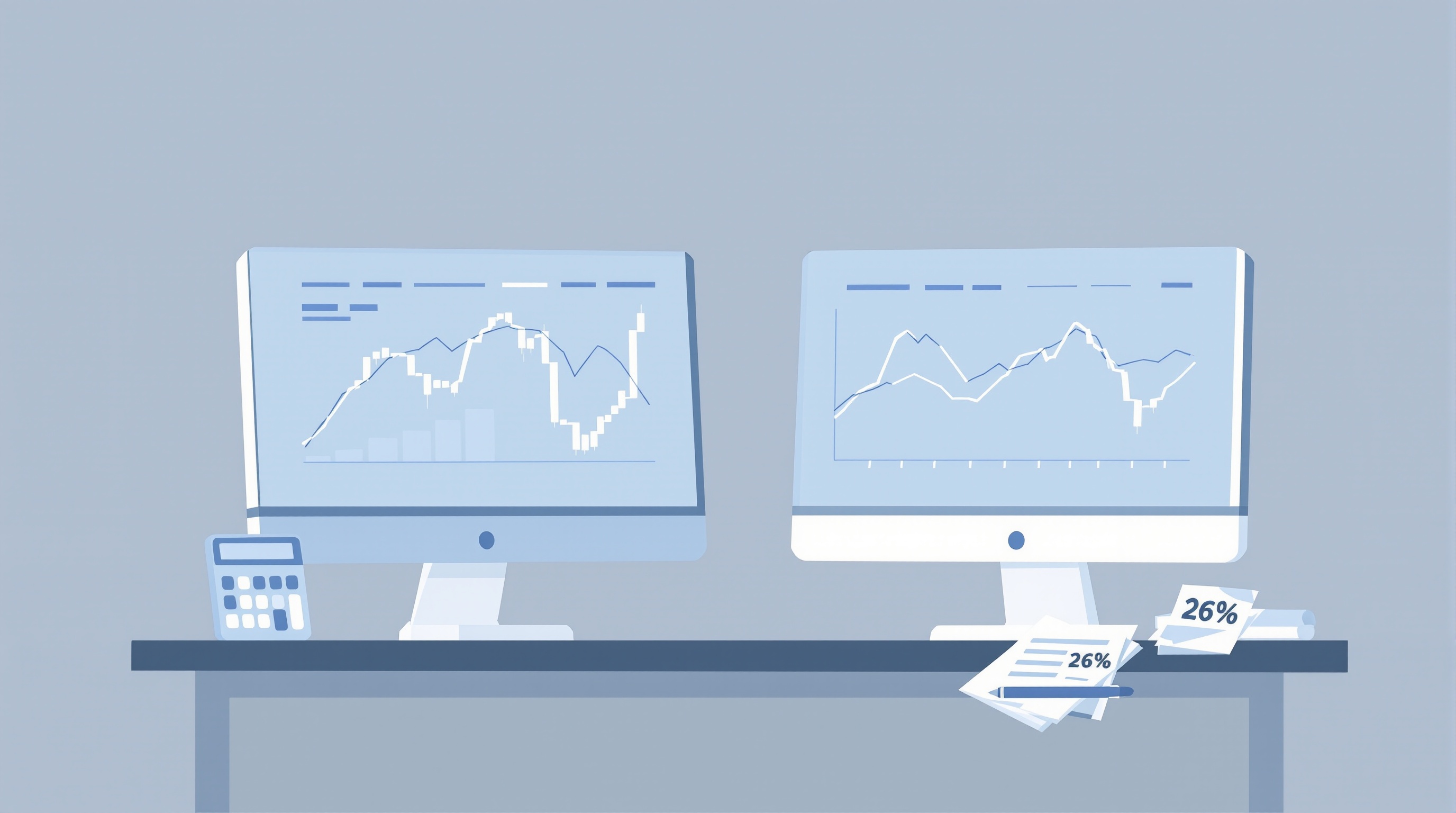 Trader adjusting position size calculations against a volatility chart on two monitors