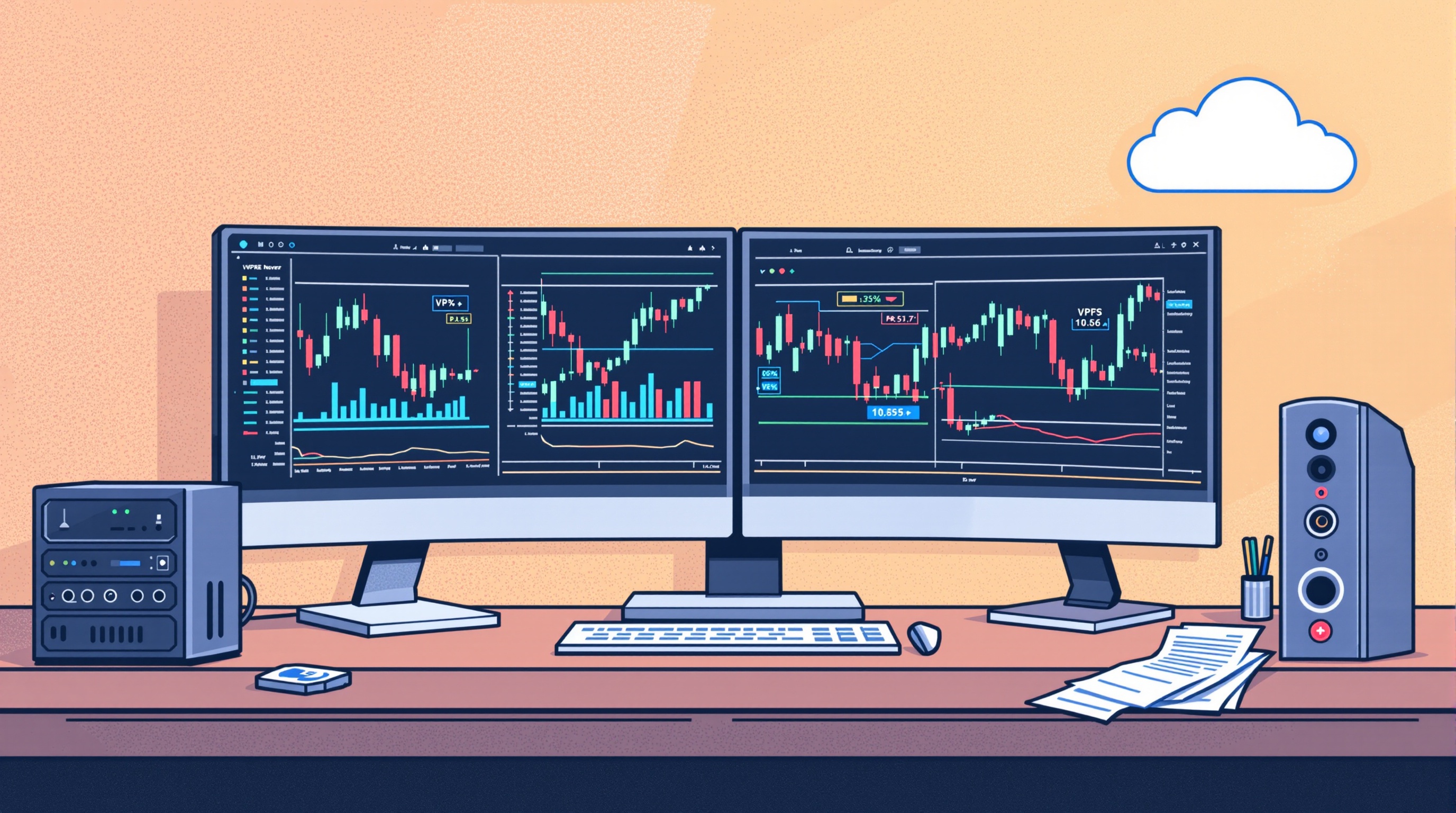 Desk setup showing trading charts, a VPS server icon, and a receipts folder representing allowable trading expenses