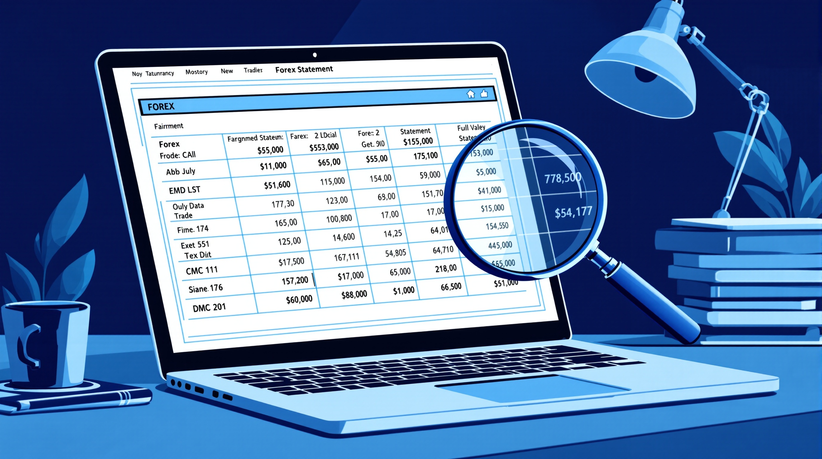 Trader reviewing an MT4 account statement on a laptop with highlighted cost columns