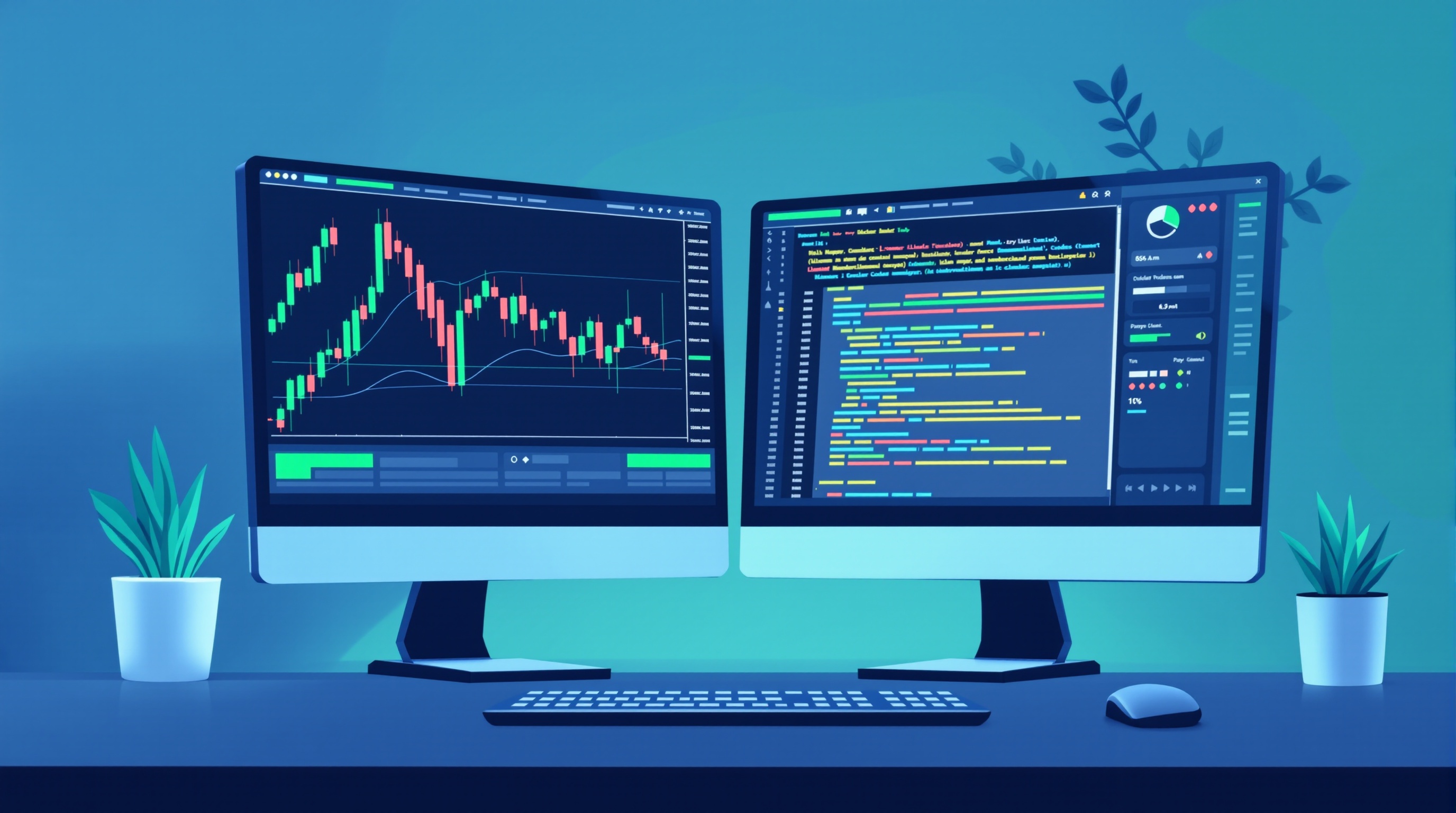 Trading screens showing MetaTrader charts with automated Expert Advisor code running alongside candlestick price action