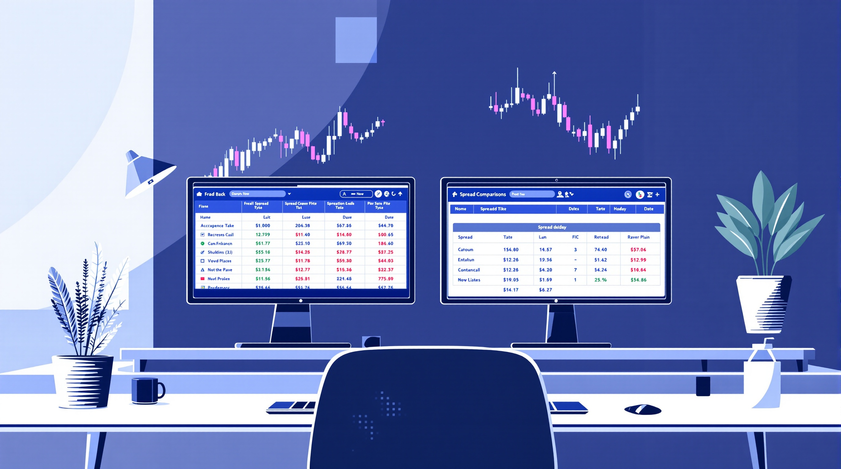 Trader comparing spread and execution data across two broker platforms on dual monitors