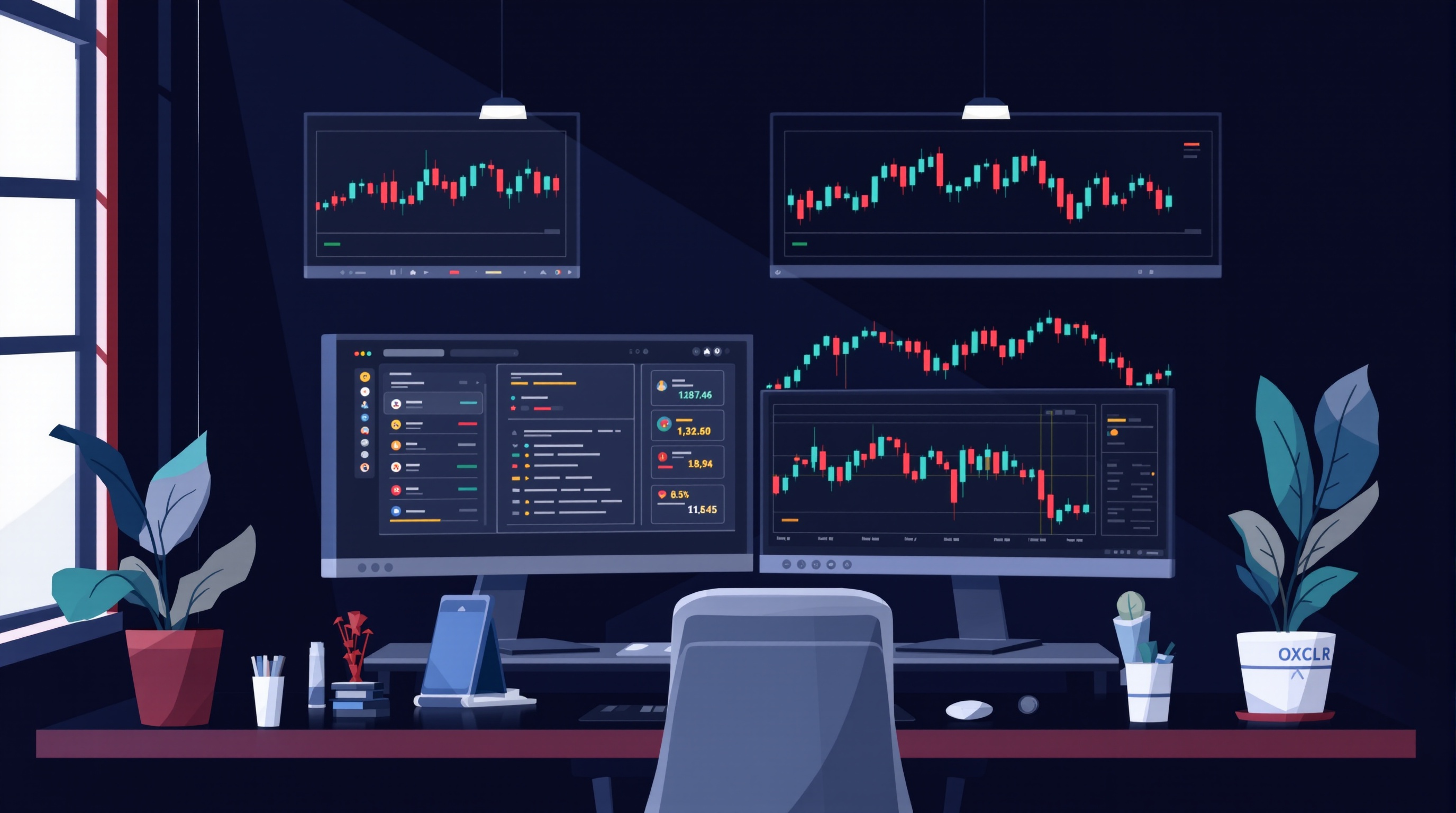 Trader reviewing a forex watchlist of currency pairs on a multi-monitor charting setup