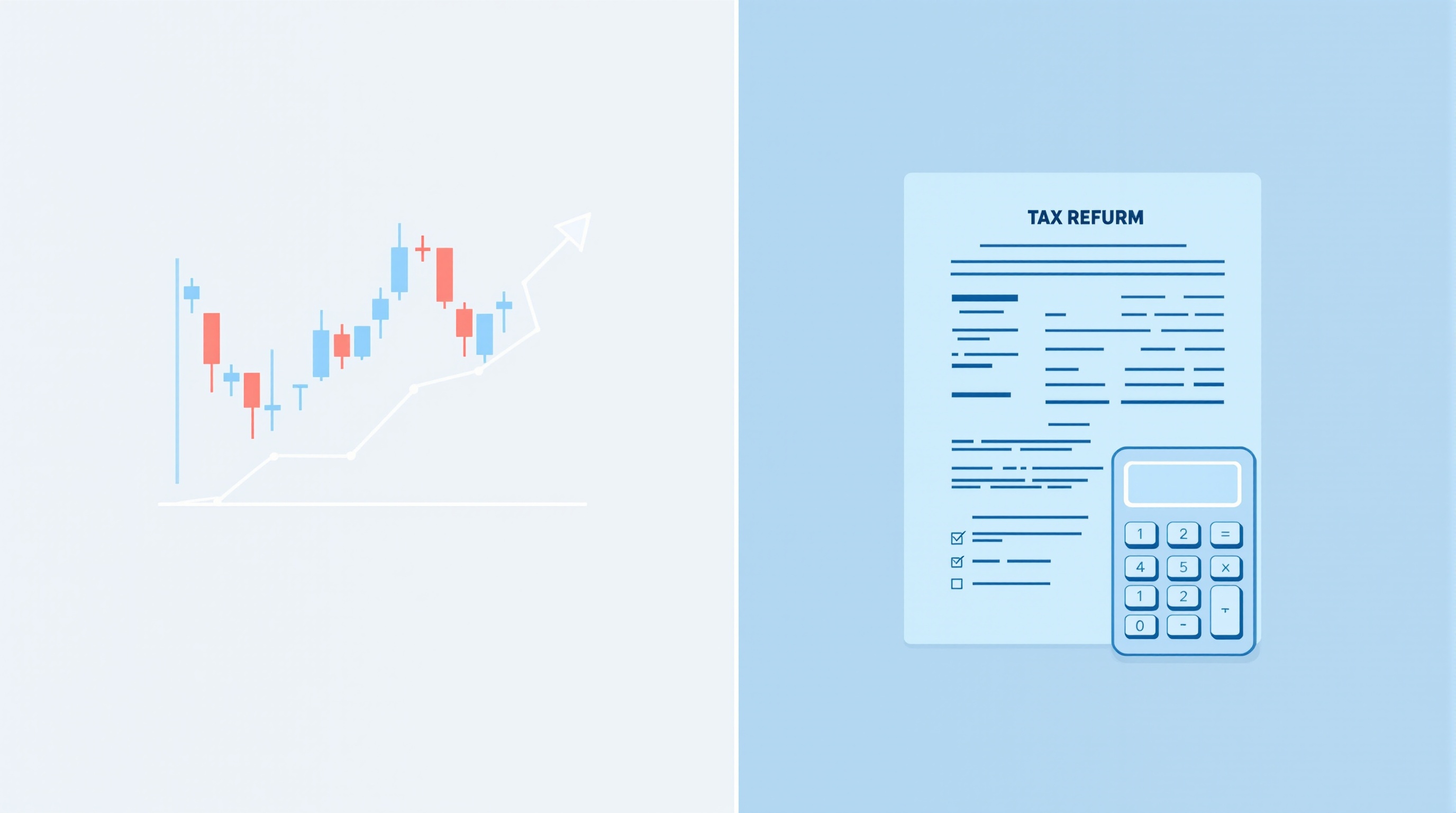 Illustration of a trading chart overlaid with tax documents and a calculator representing UK forex tax reporting