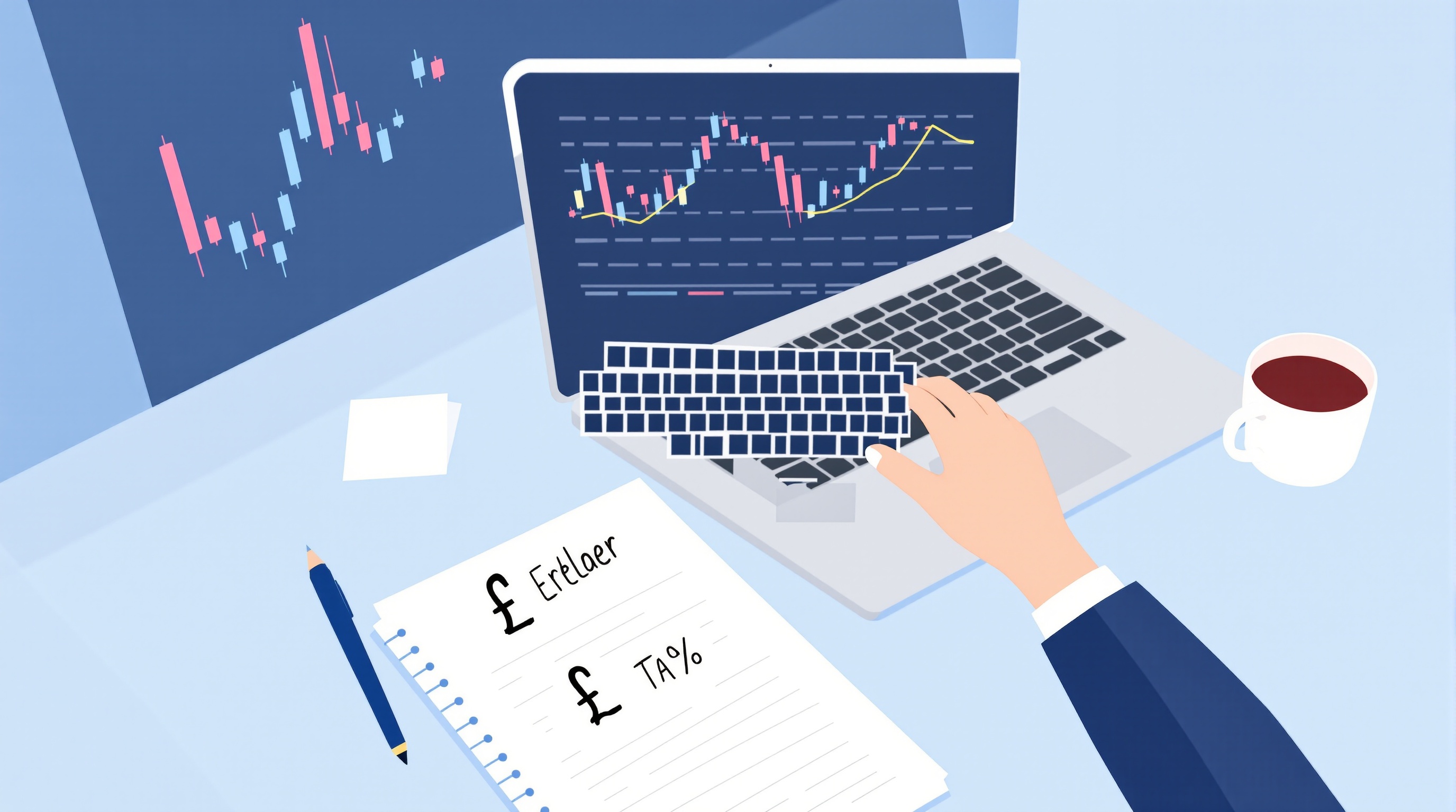 Trader reviewing a CFD profit and loss statement next to a UK tax calculator and calendar