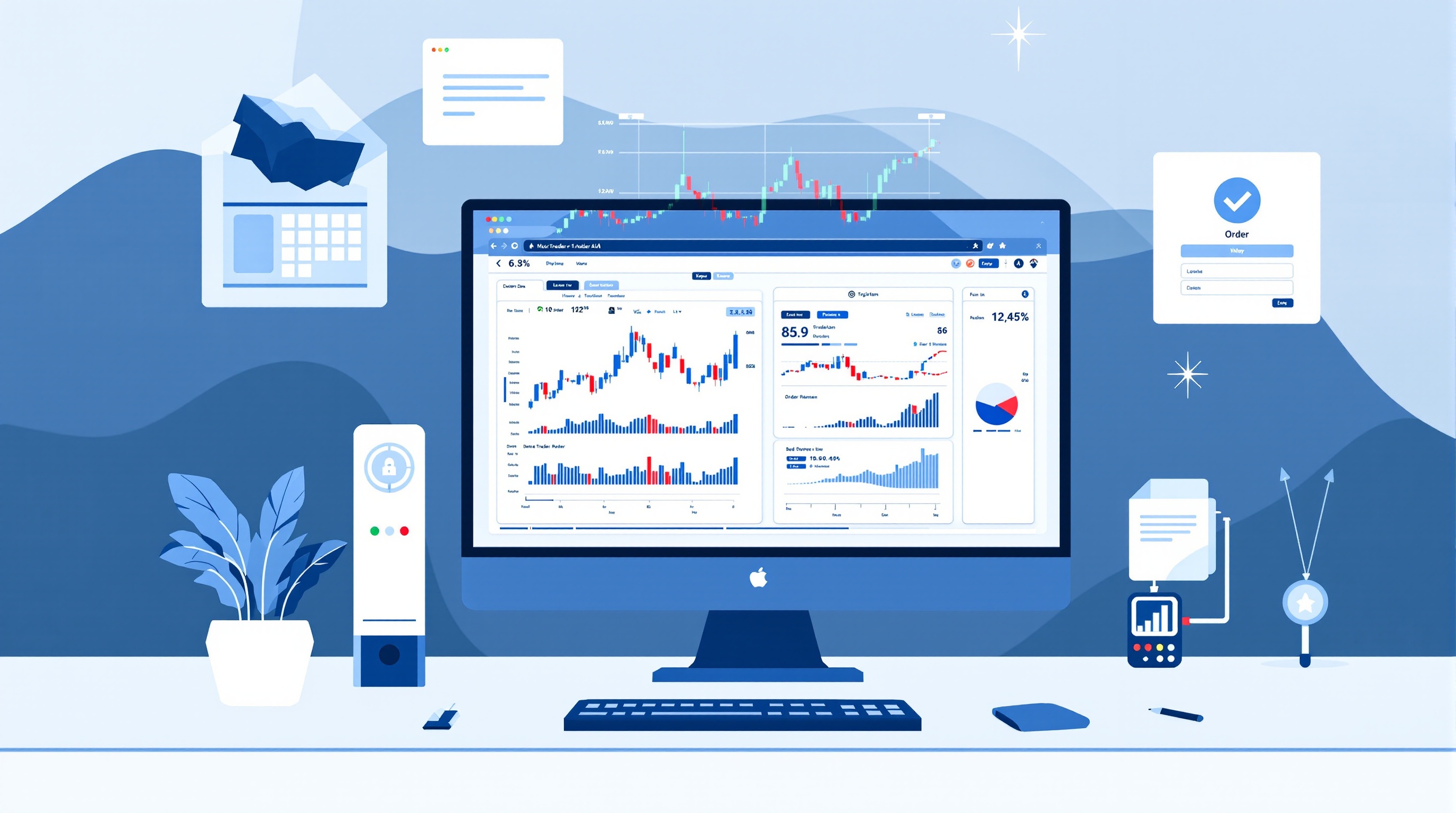 Trader configuring MetaTrader 4 platform windows for a Pepperstone account on a desktop monitor