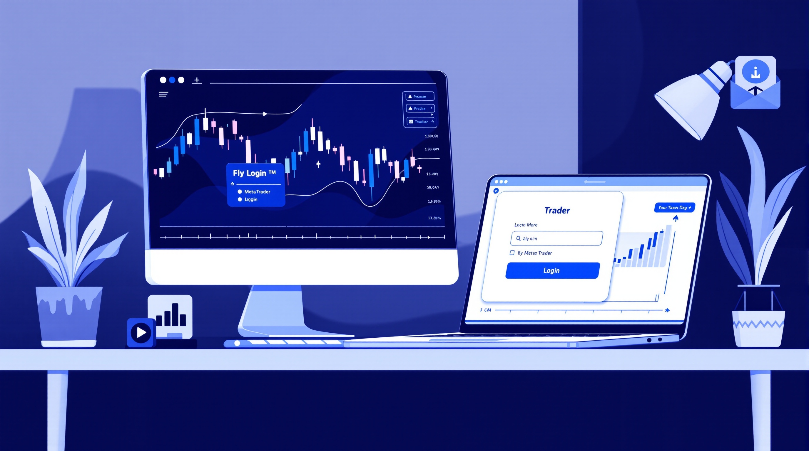 Trader's desktop showing MetaTrader 4 login screen connecting to a broker server