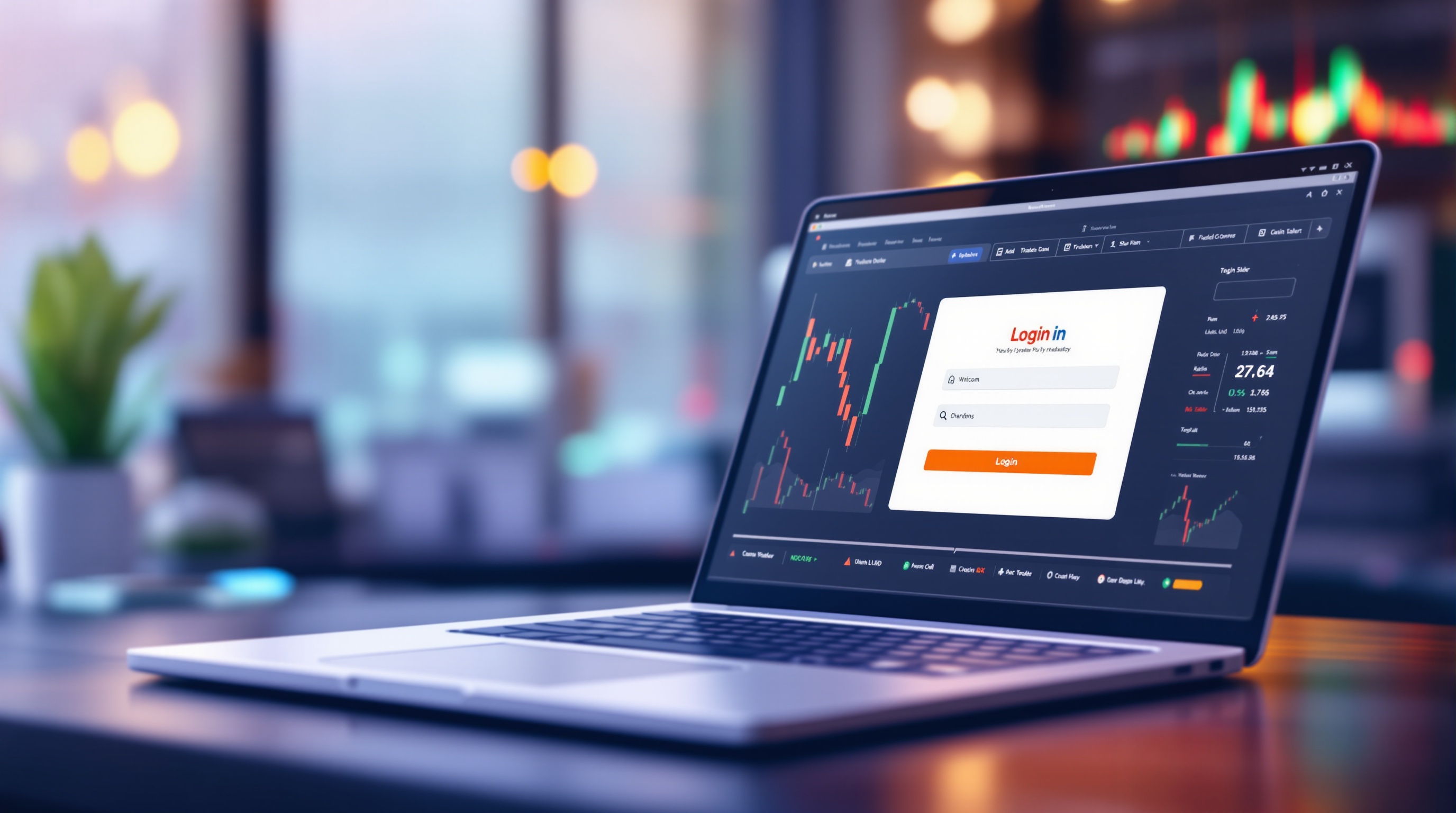 Trader setting up MetaTrader 4 login screen with server details on a laptop