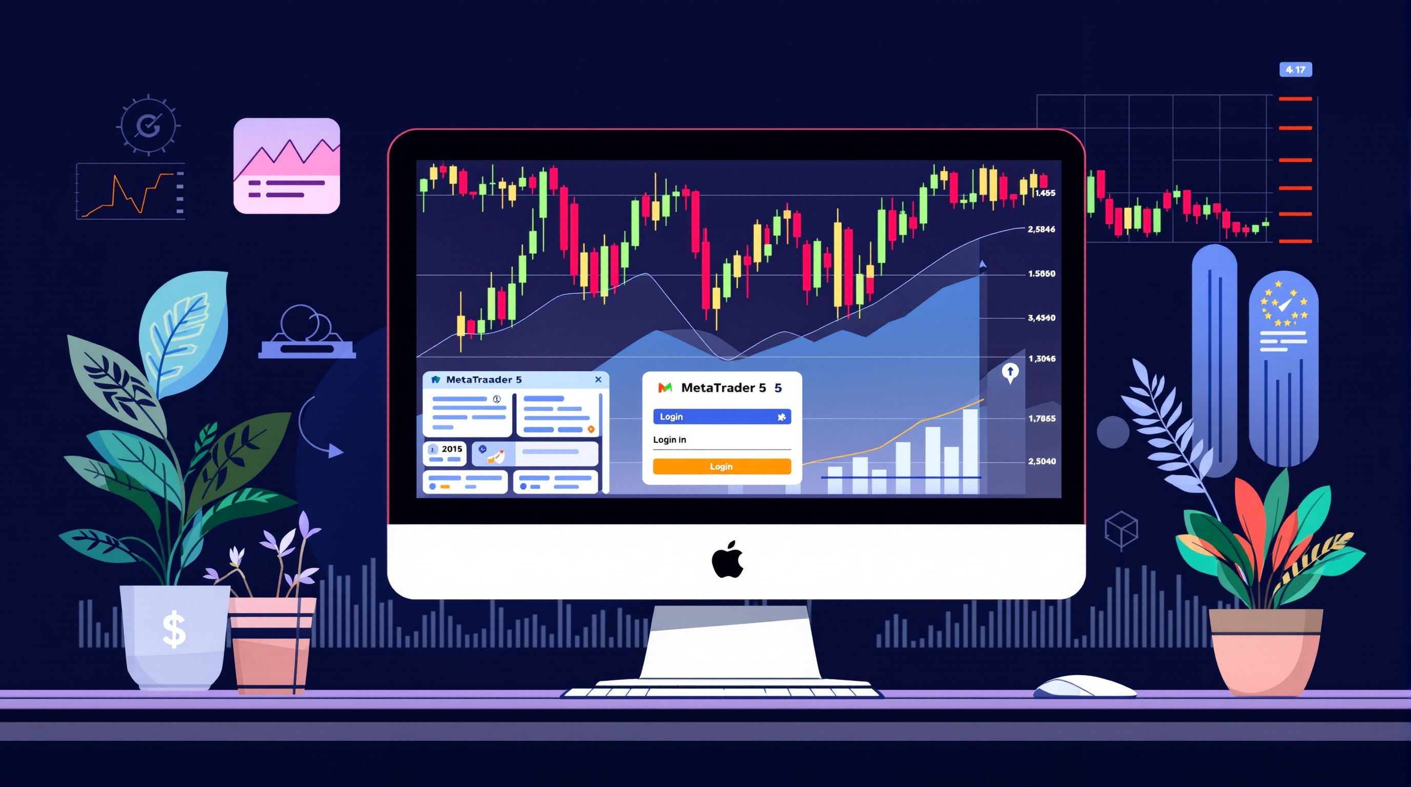 Trader setting up MetaTrader 5 platform connected to a UK broker account on a desktop monitor