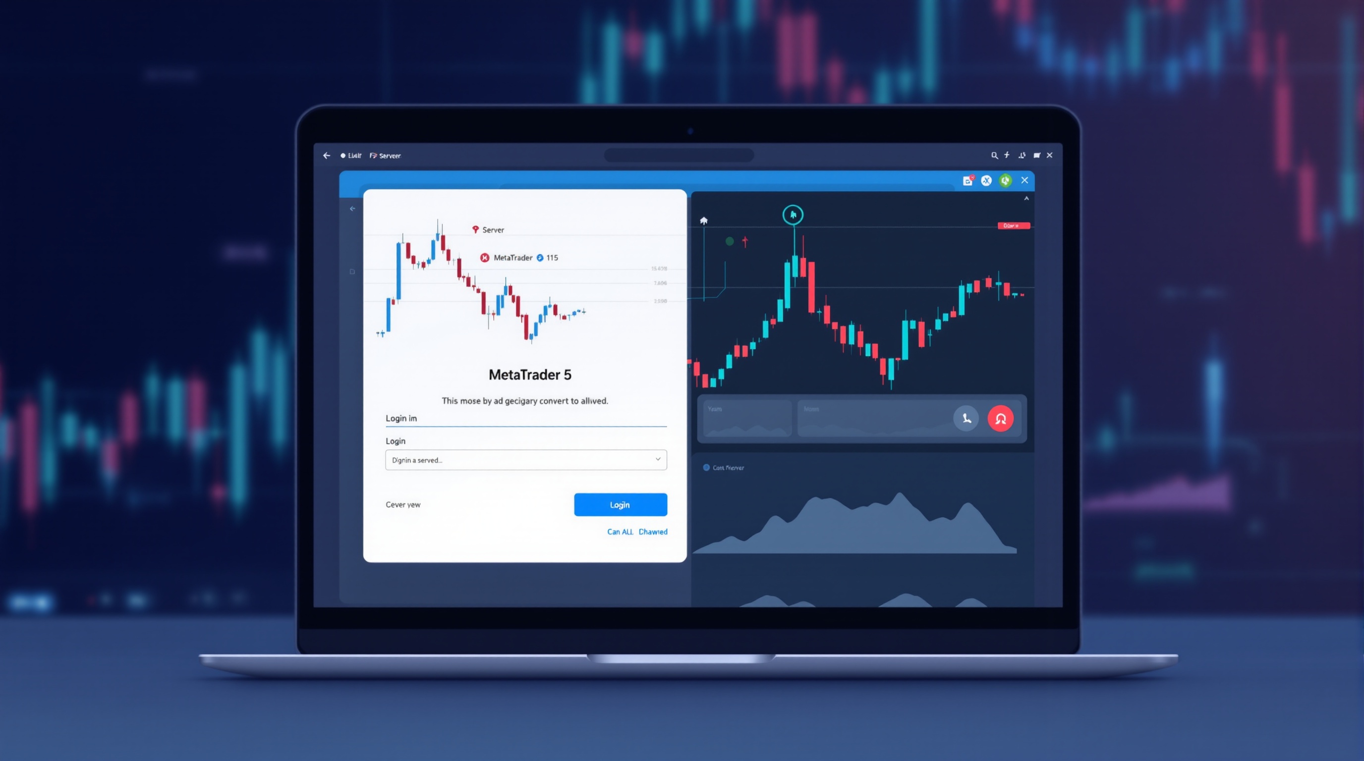 Trader connecting MetaTrader 5 desktop platform to a broker server, with login and server fields visible