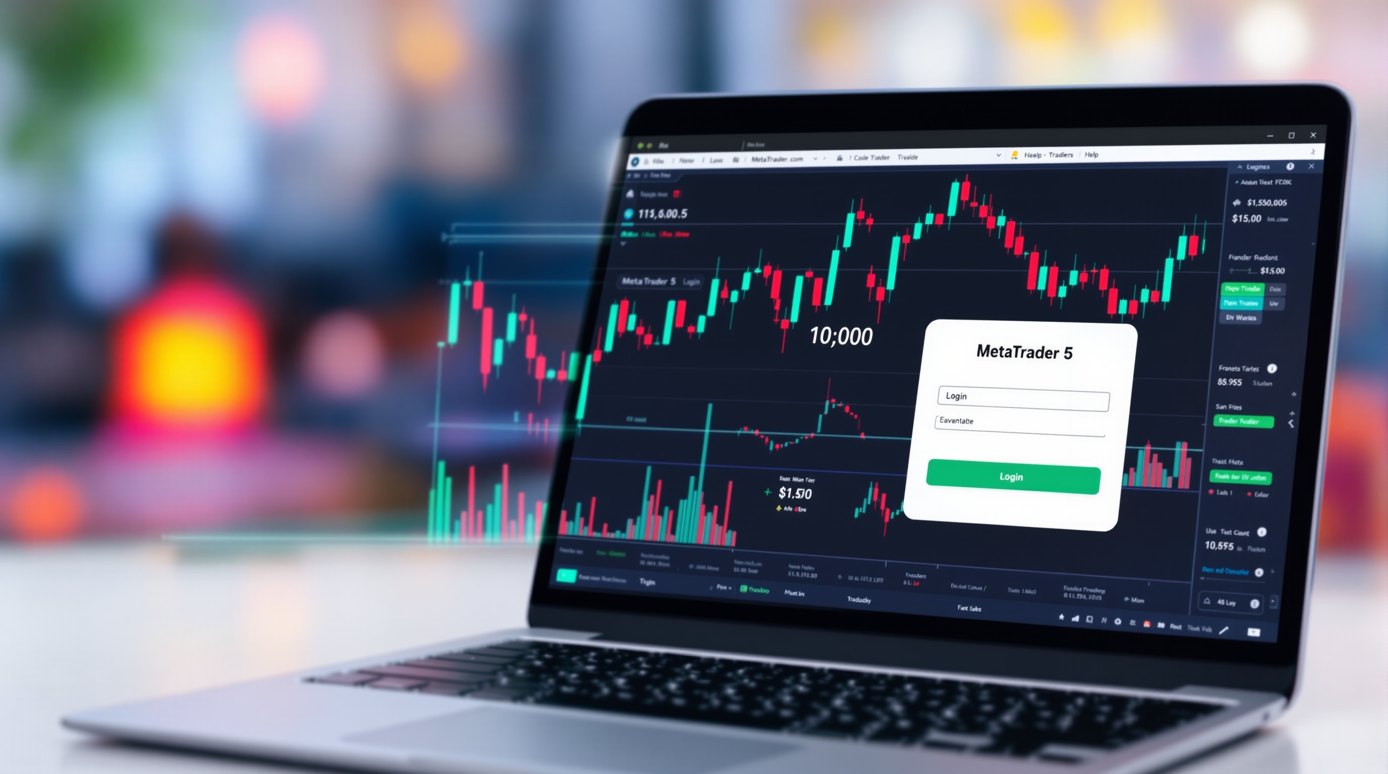 Trader setting up MetaTrader 5 platform with ThinkMarkets login screen on a laptop