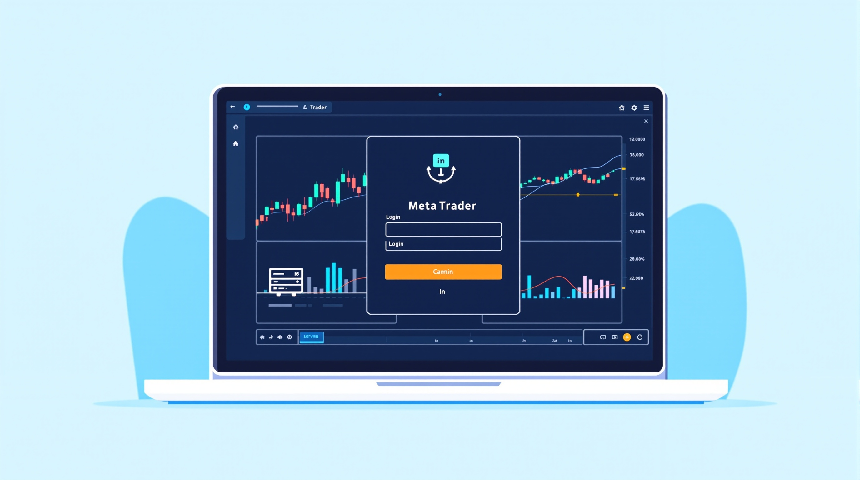 Trader entering MT4 server login details on a laptop with candlestick charts in the background