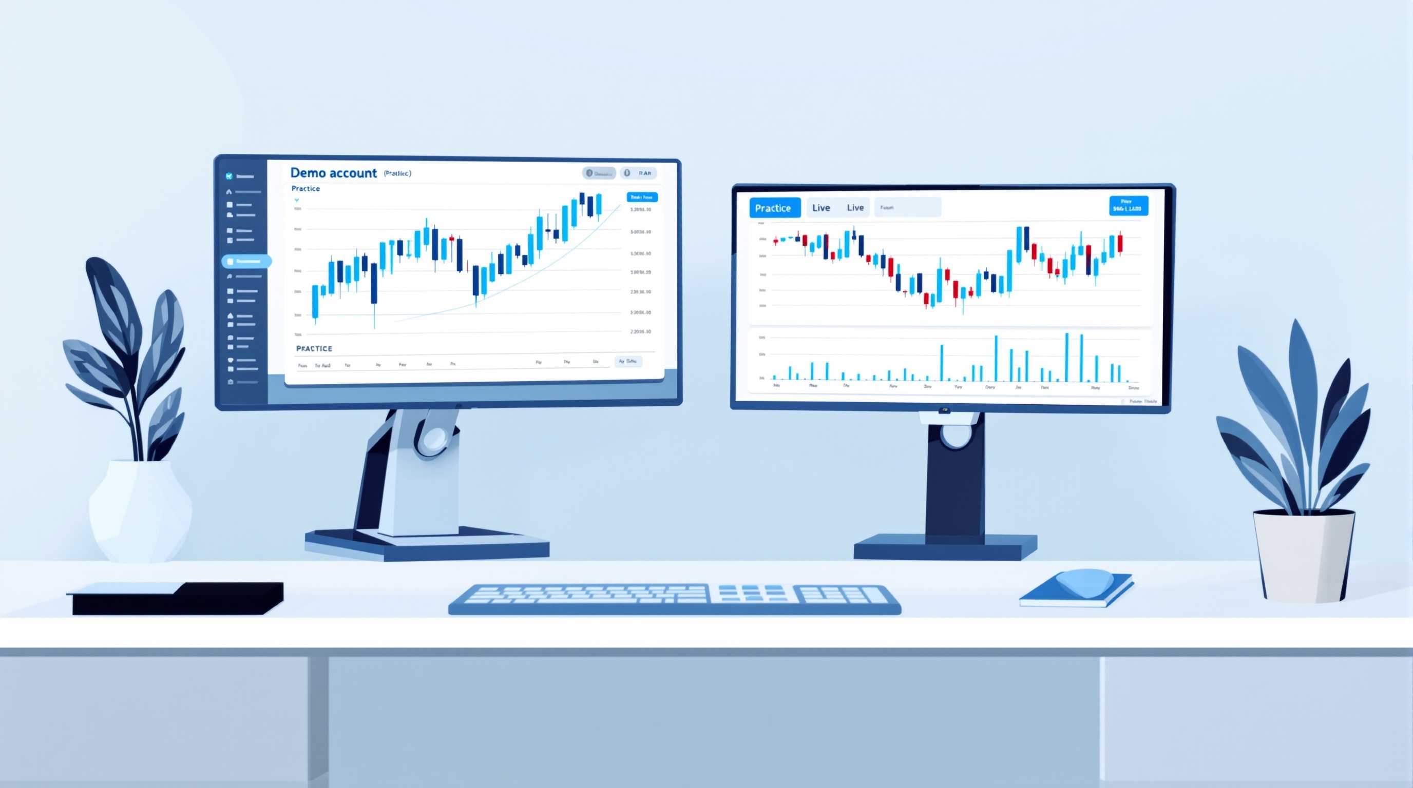 Trader comparing a demo account dashboard with a live account dashboard on two monitors