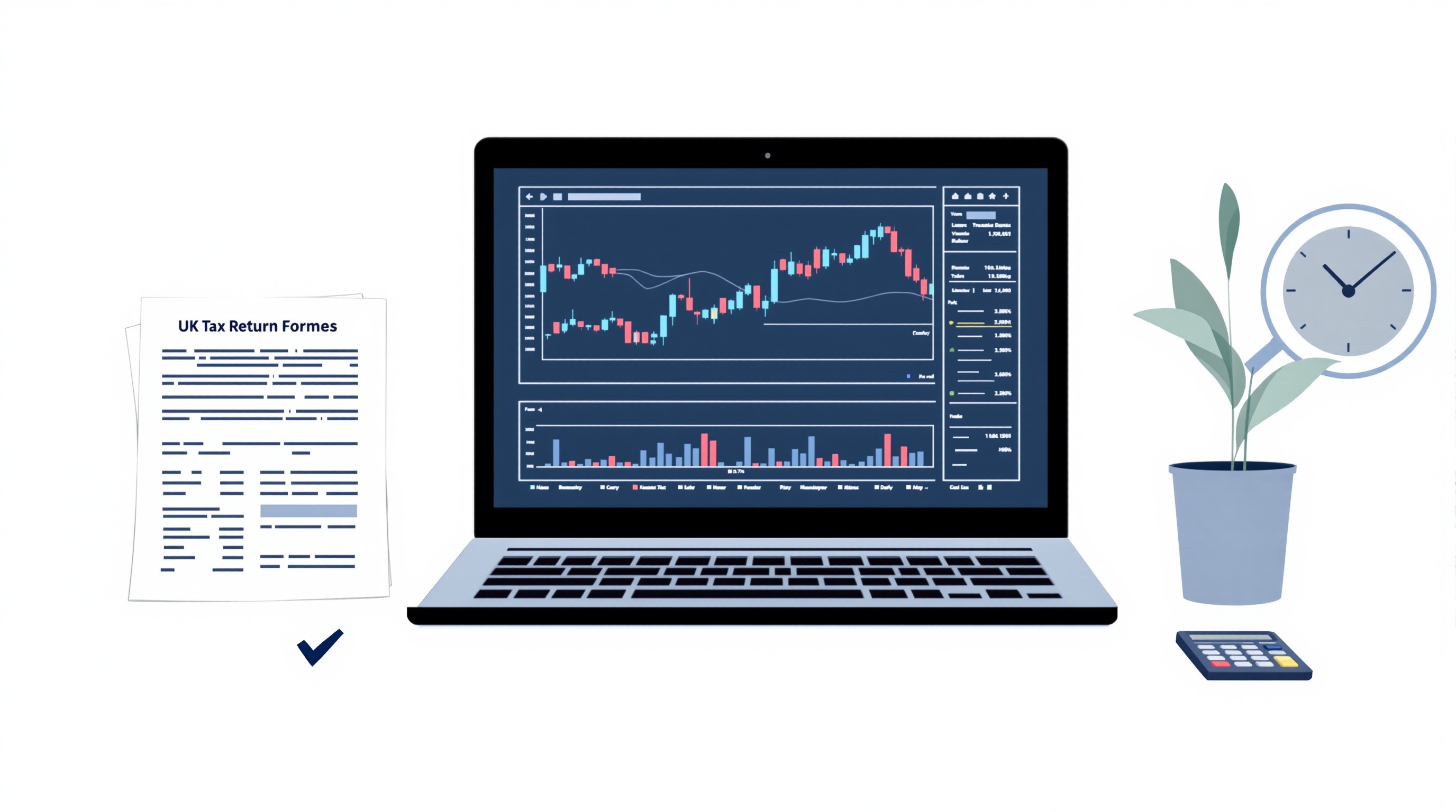 UK trader reviewing HMRC tax forms and a laptop showing trading account statements