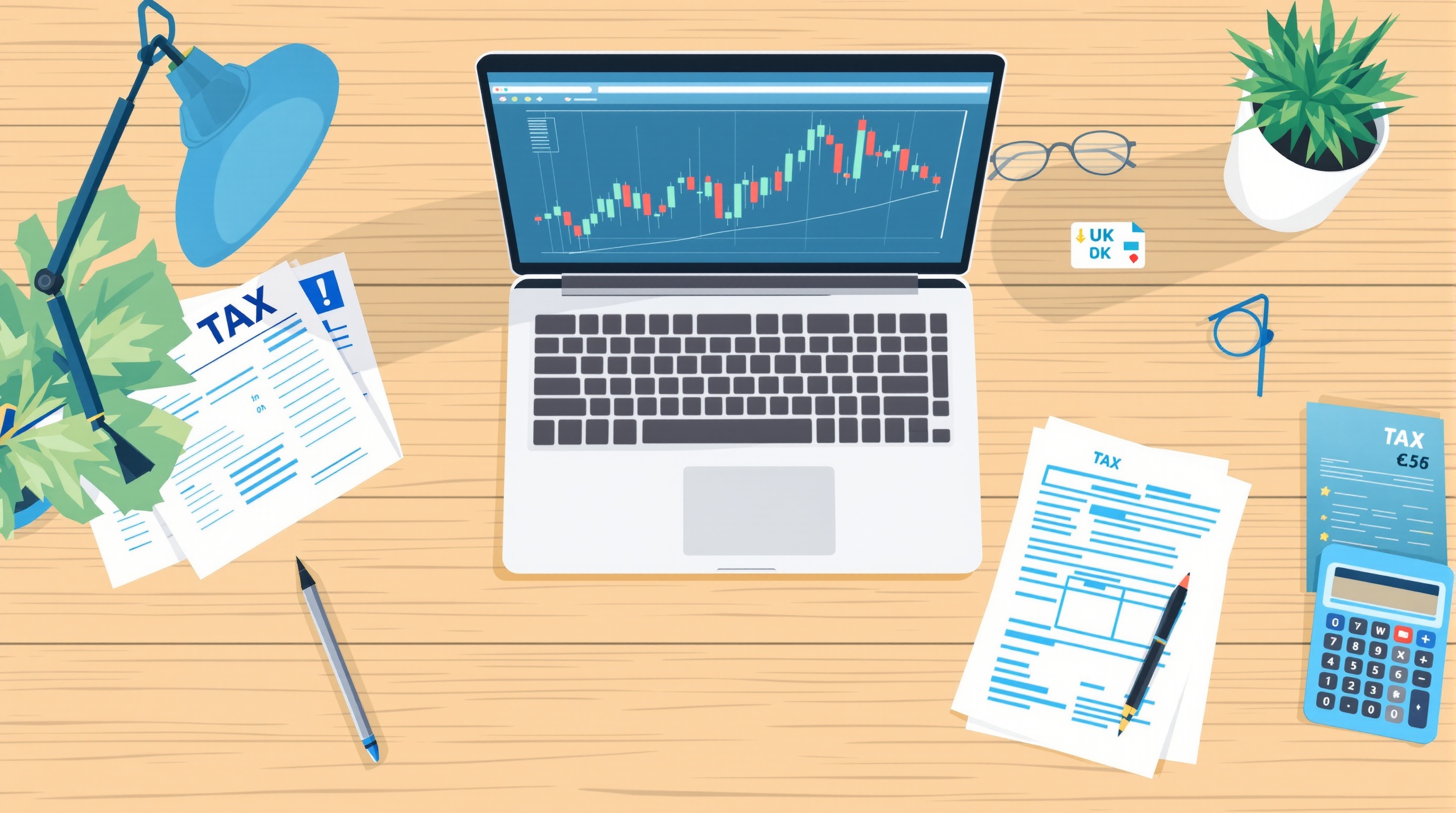 Illustration of a UK trader reviewing tax forms and forex charts side by side