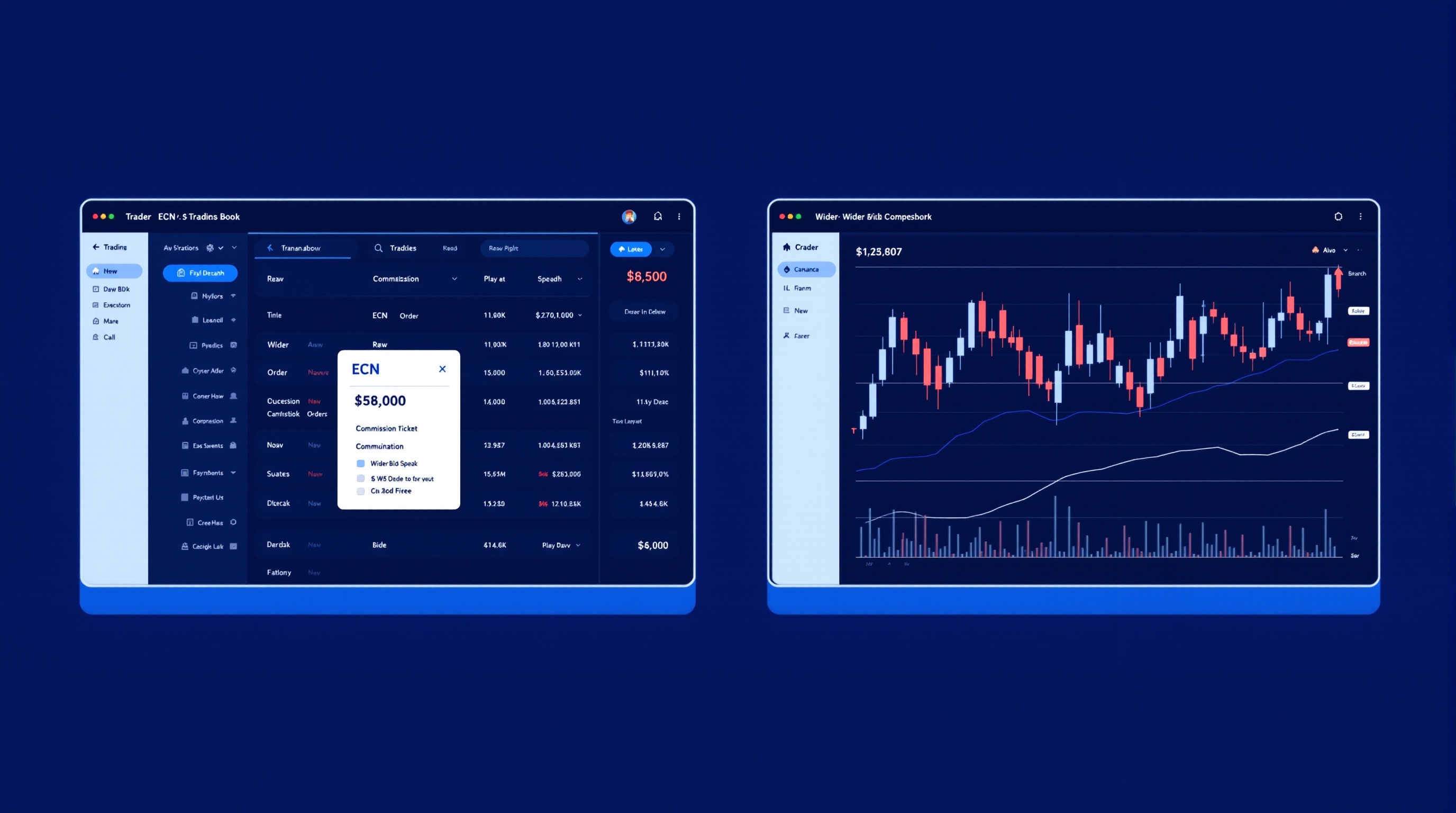 Split-screen illustration comparing an ECN order book with commission ticket against a standard account spread chart