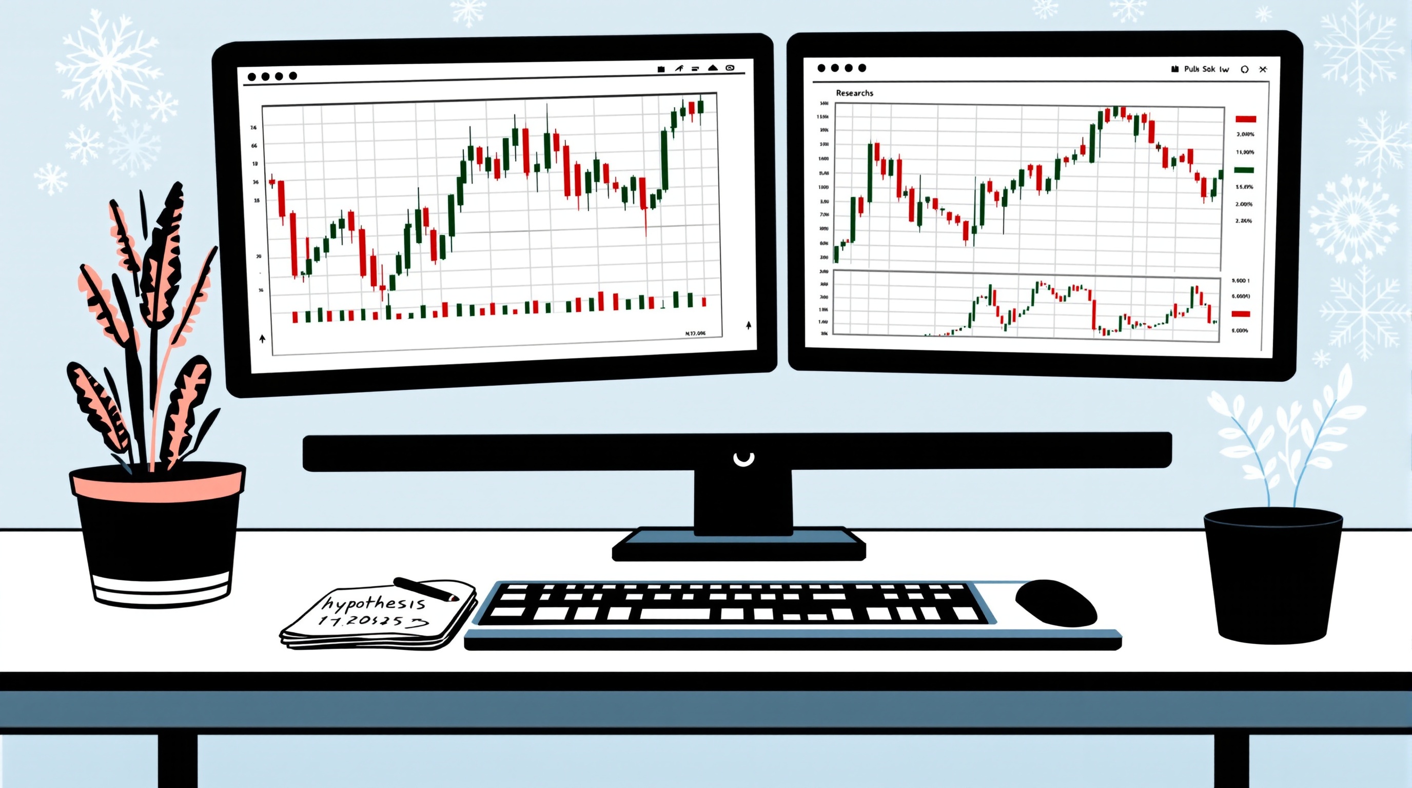 Trader at a desk reviewing charts, spreadsheets and statistical test results across two monitors