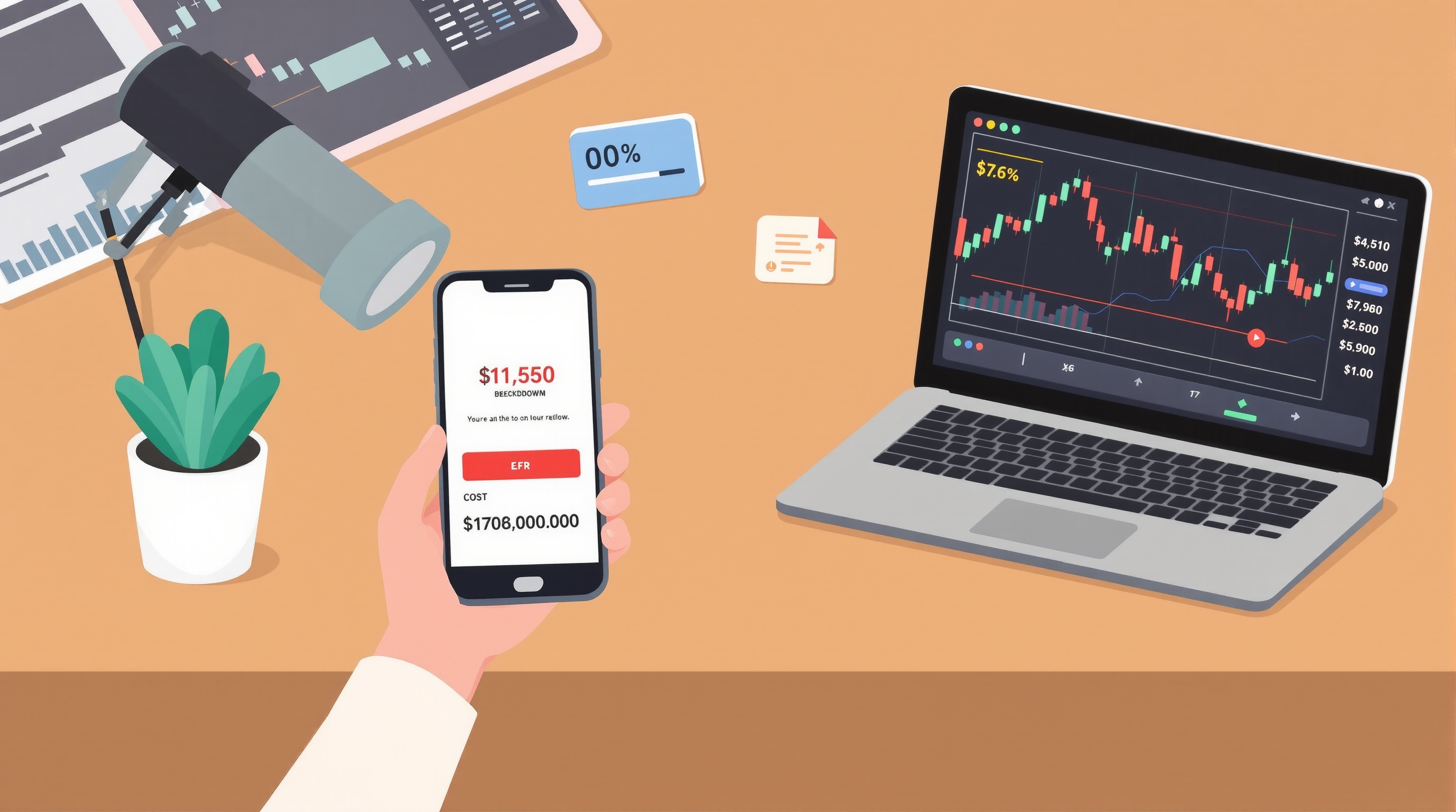 Trader comparing a signal alert against a chart and a cost breakdown table
