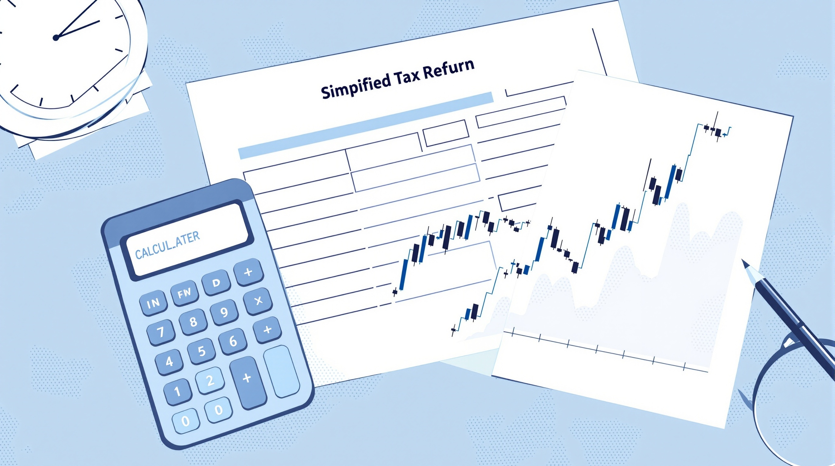 Calculator, tax form and forex chart on a desk representing UK forex trading tax calculation