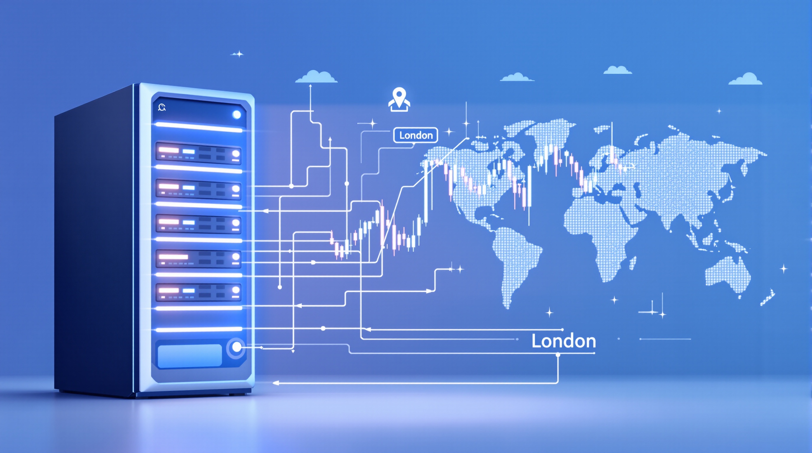 Illustration of a server rack connected to forex trading charts with a latency graph