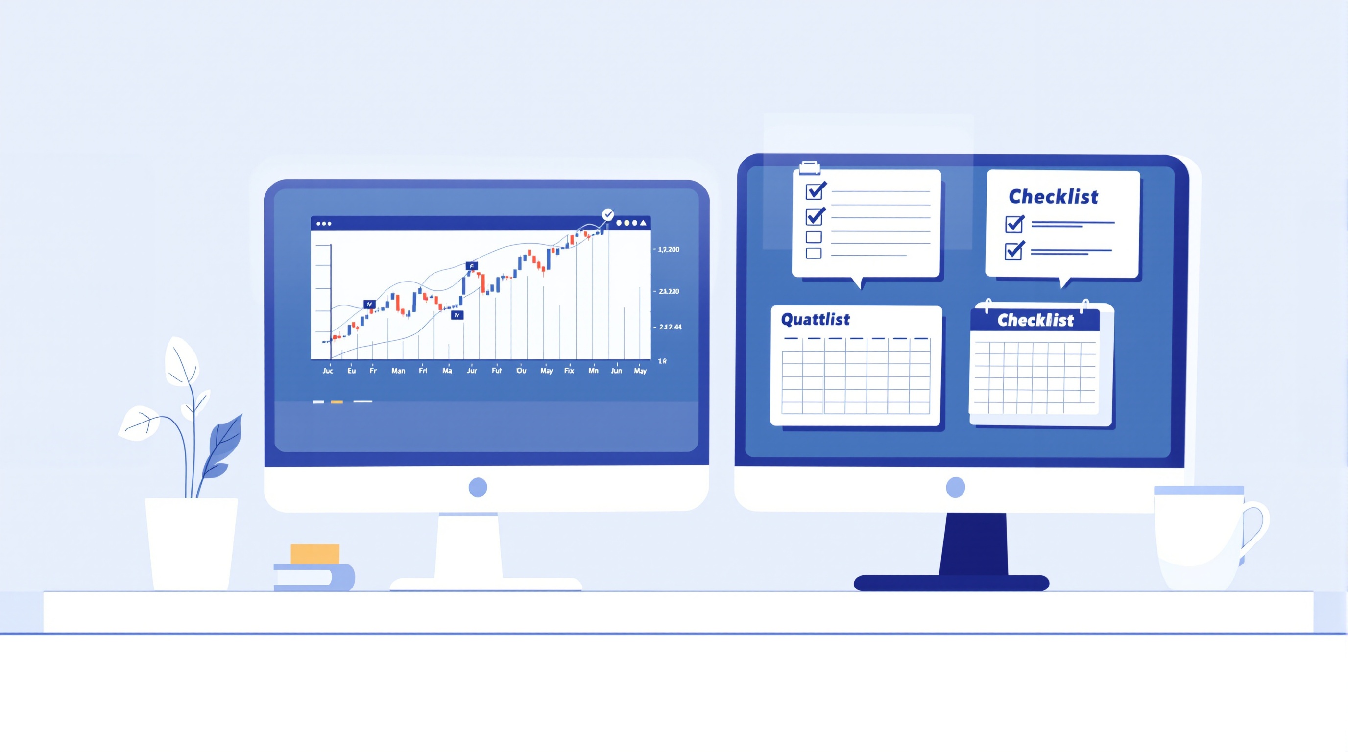 Trader comparing a demo account equity curve against a trading plan checklist on two monitors