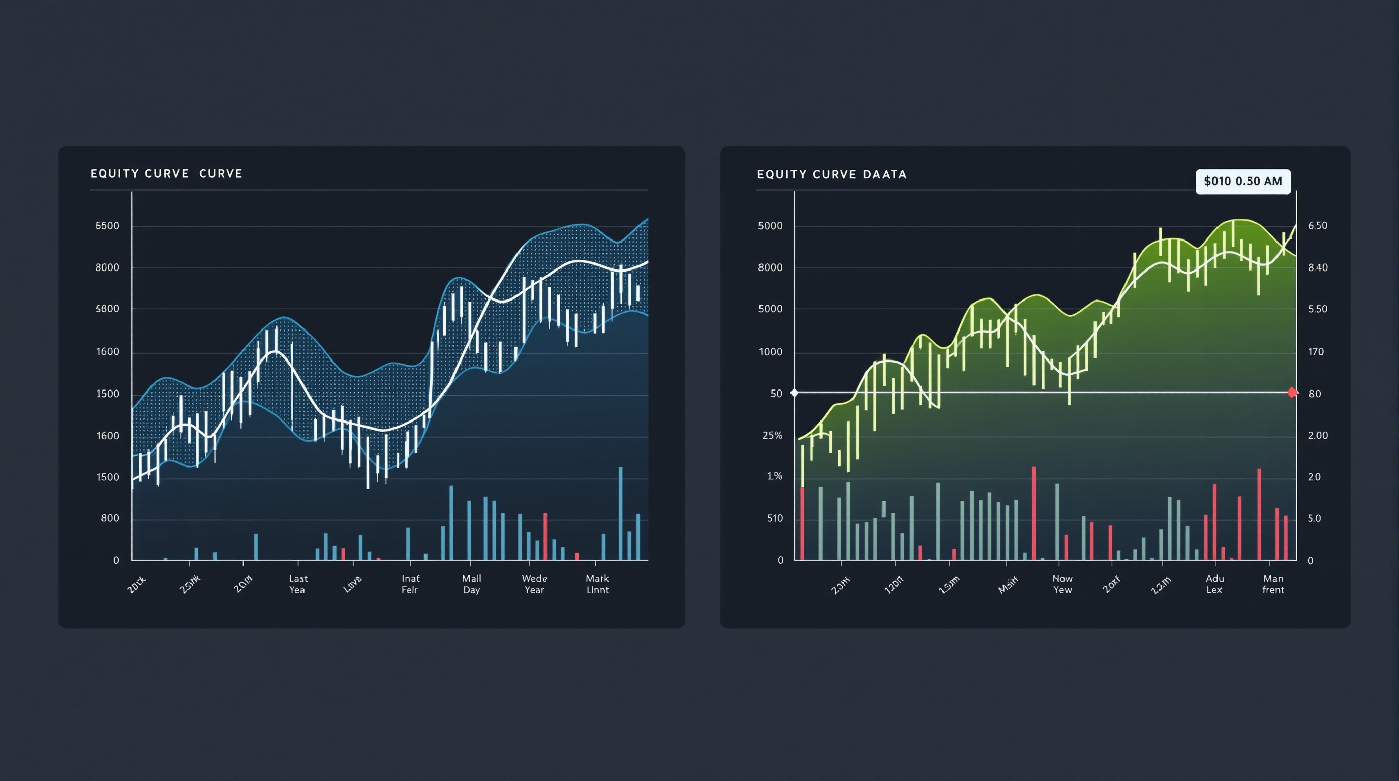 Two side-by-side equity curves, one labelled in-sample and one out-of-sample, on a trading dashboard