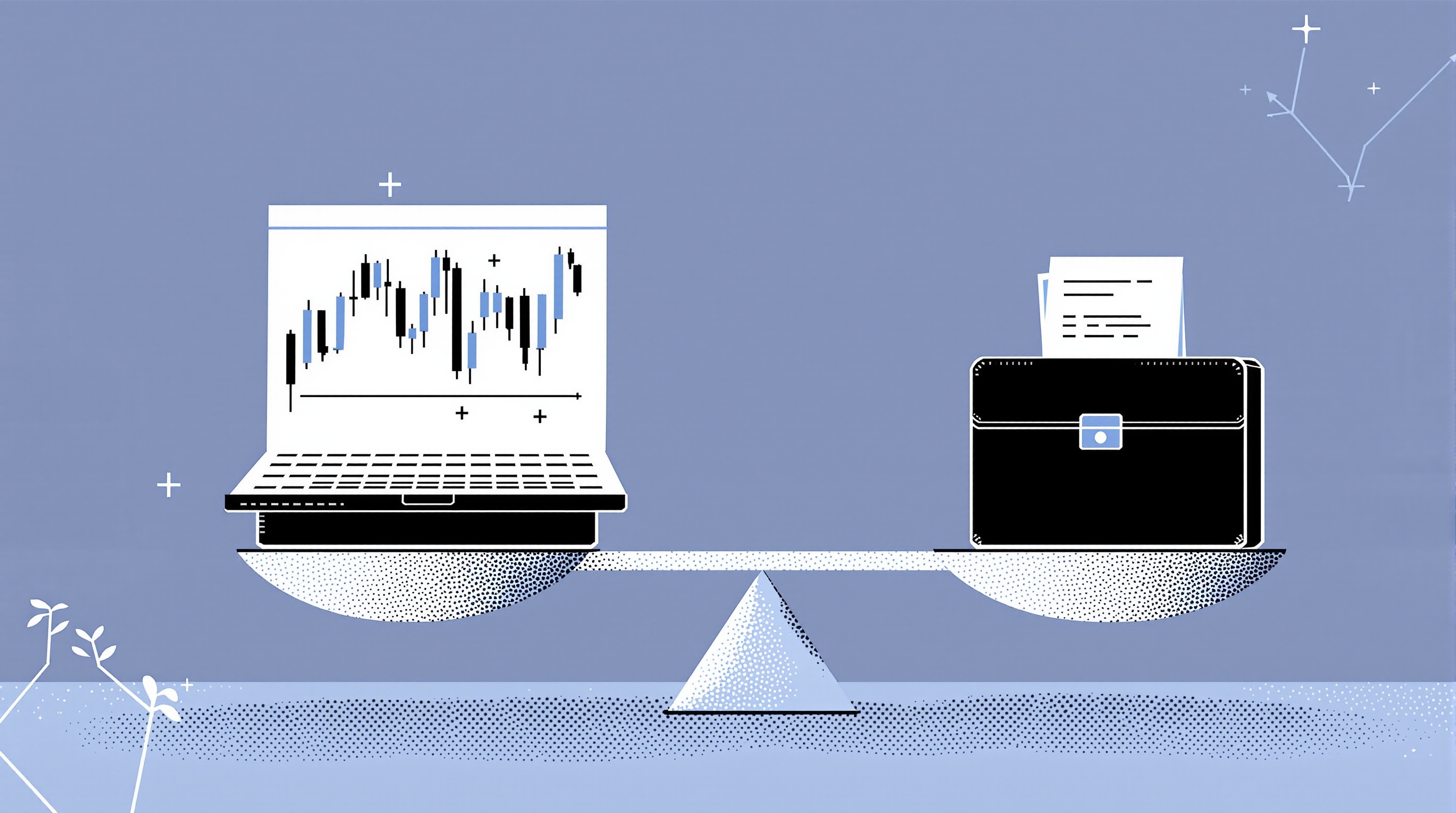 Illustration of scales balancing a candlestick chart against a briefcase, representing the badges of trade test