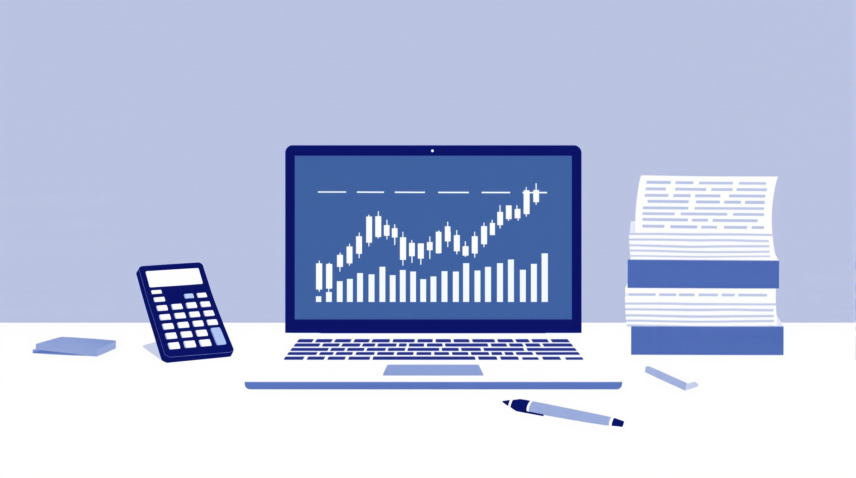 Trader reviewing tax paperwork and payout statements next to a laptop showing trading charts
