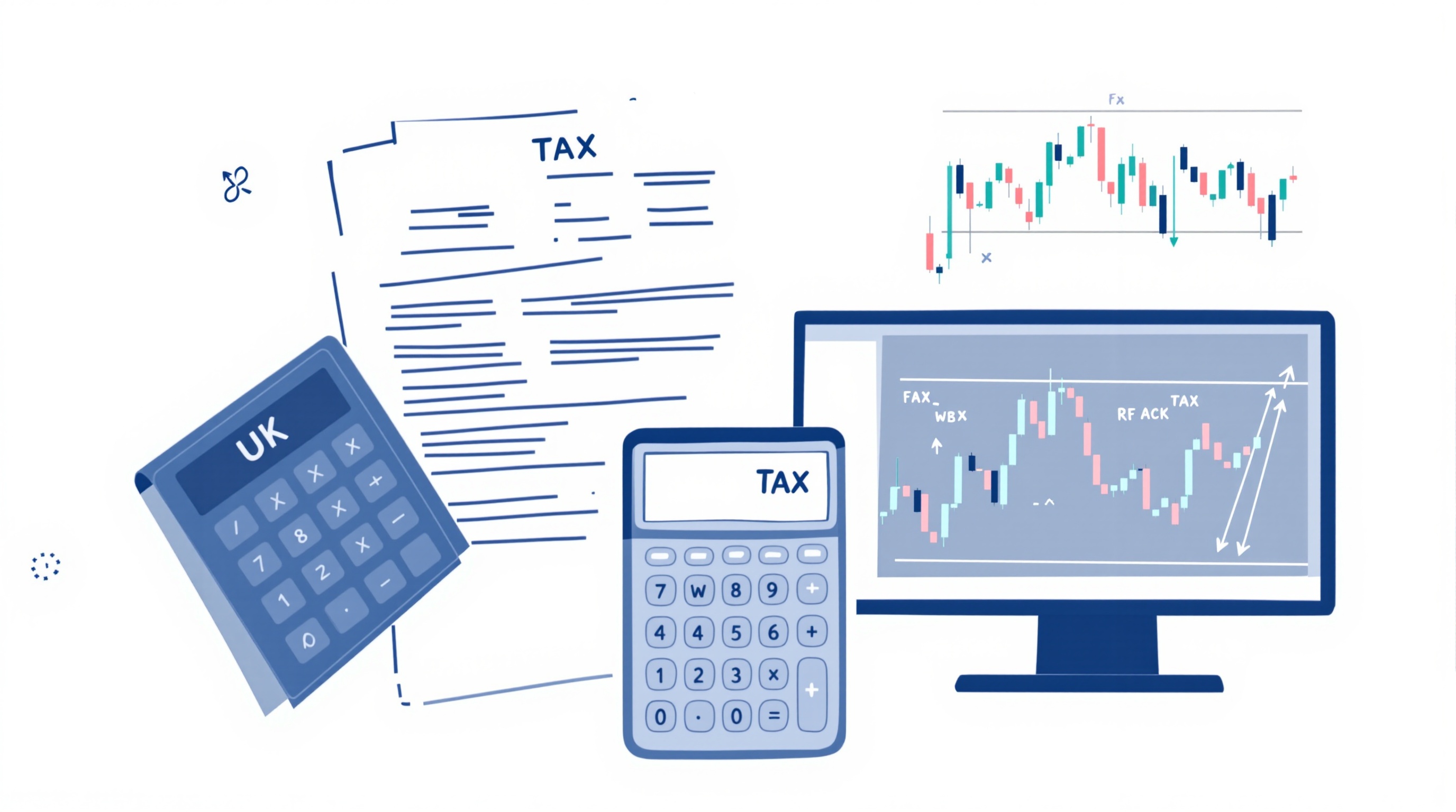 Illustration of a UK tax return form next to rising forex candlestick charts and a calculator