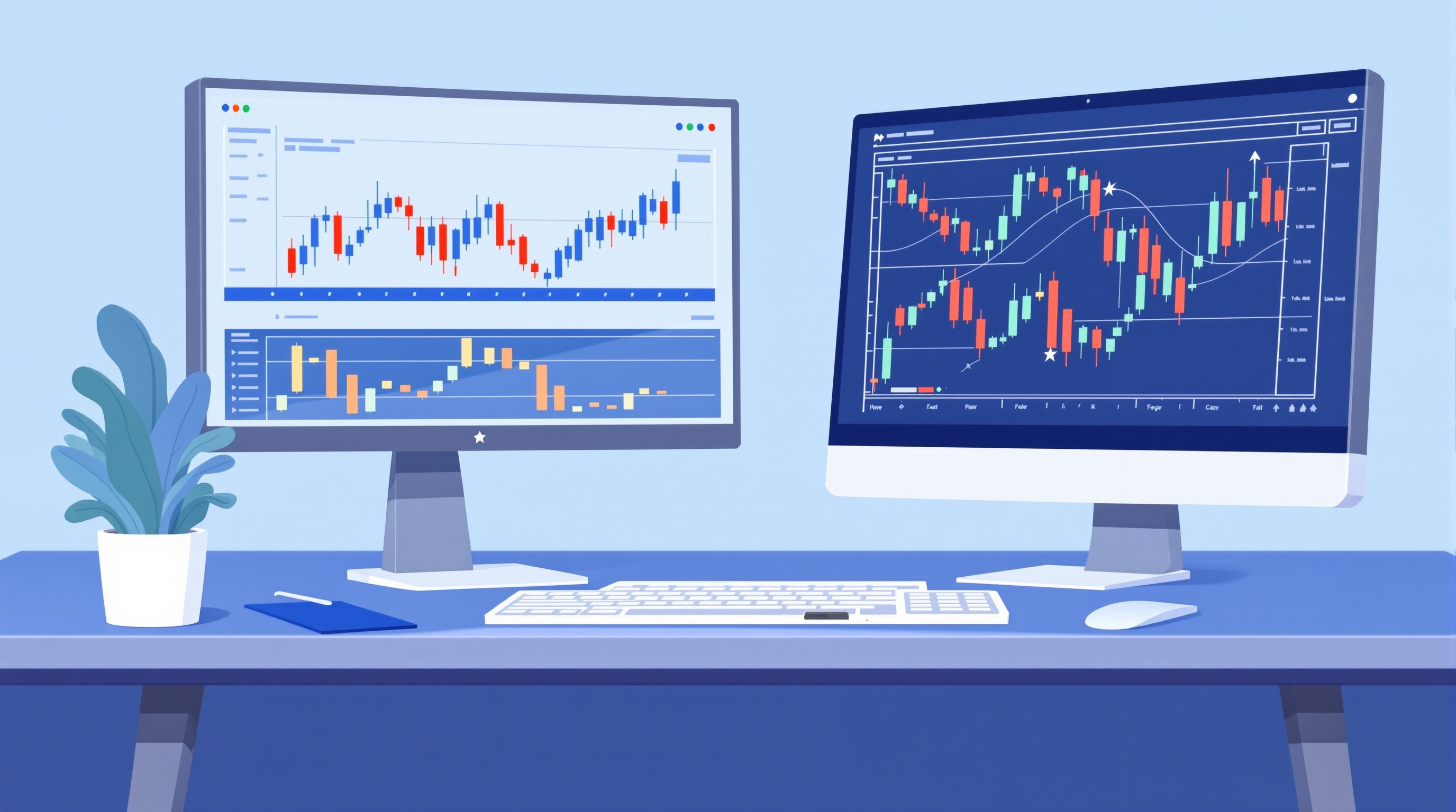 Trader reviewing a forward-test journal alongside live charts on two monitors