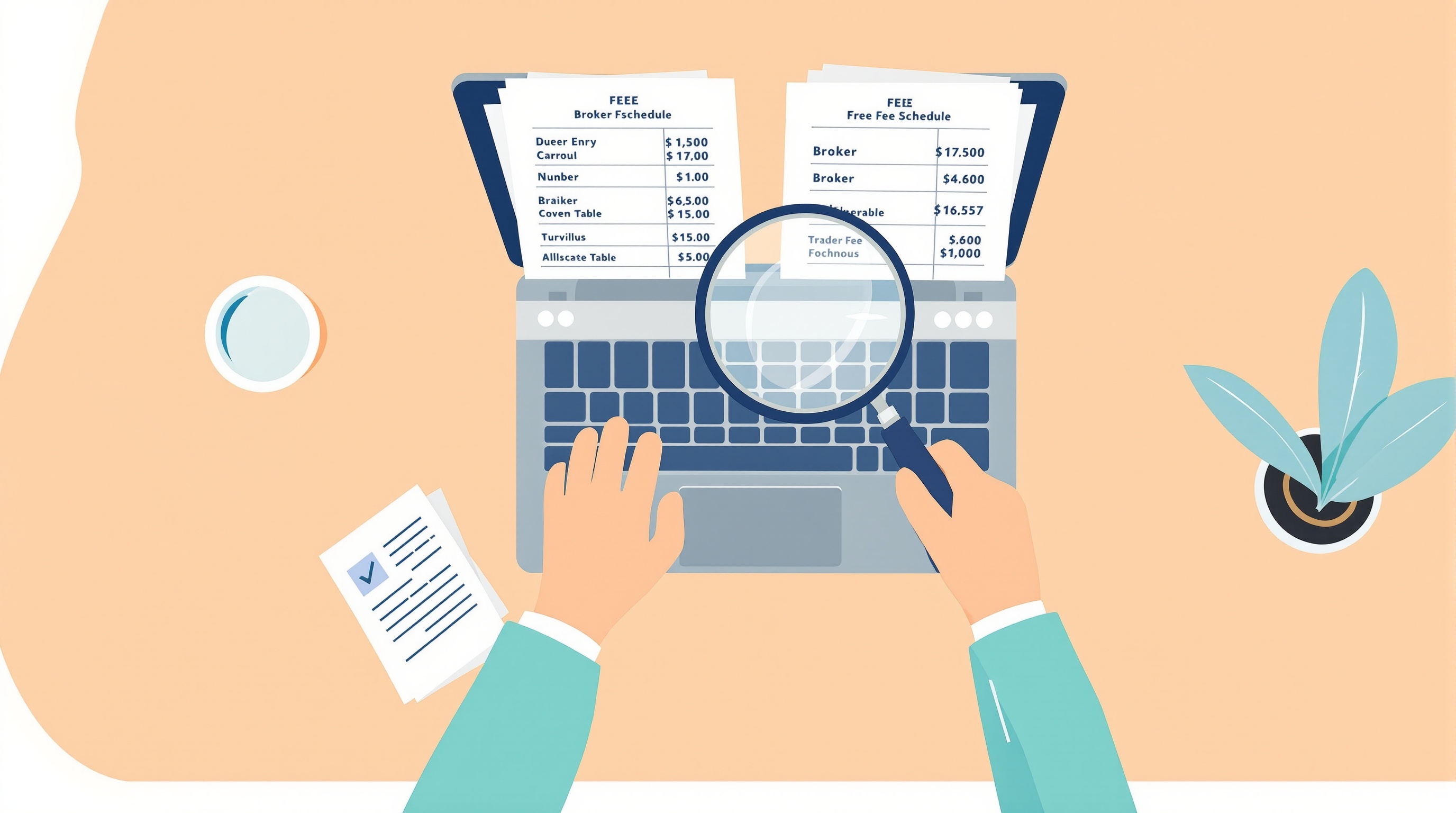 Trader comparing broker spread and commission tables on a laptop screen