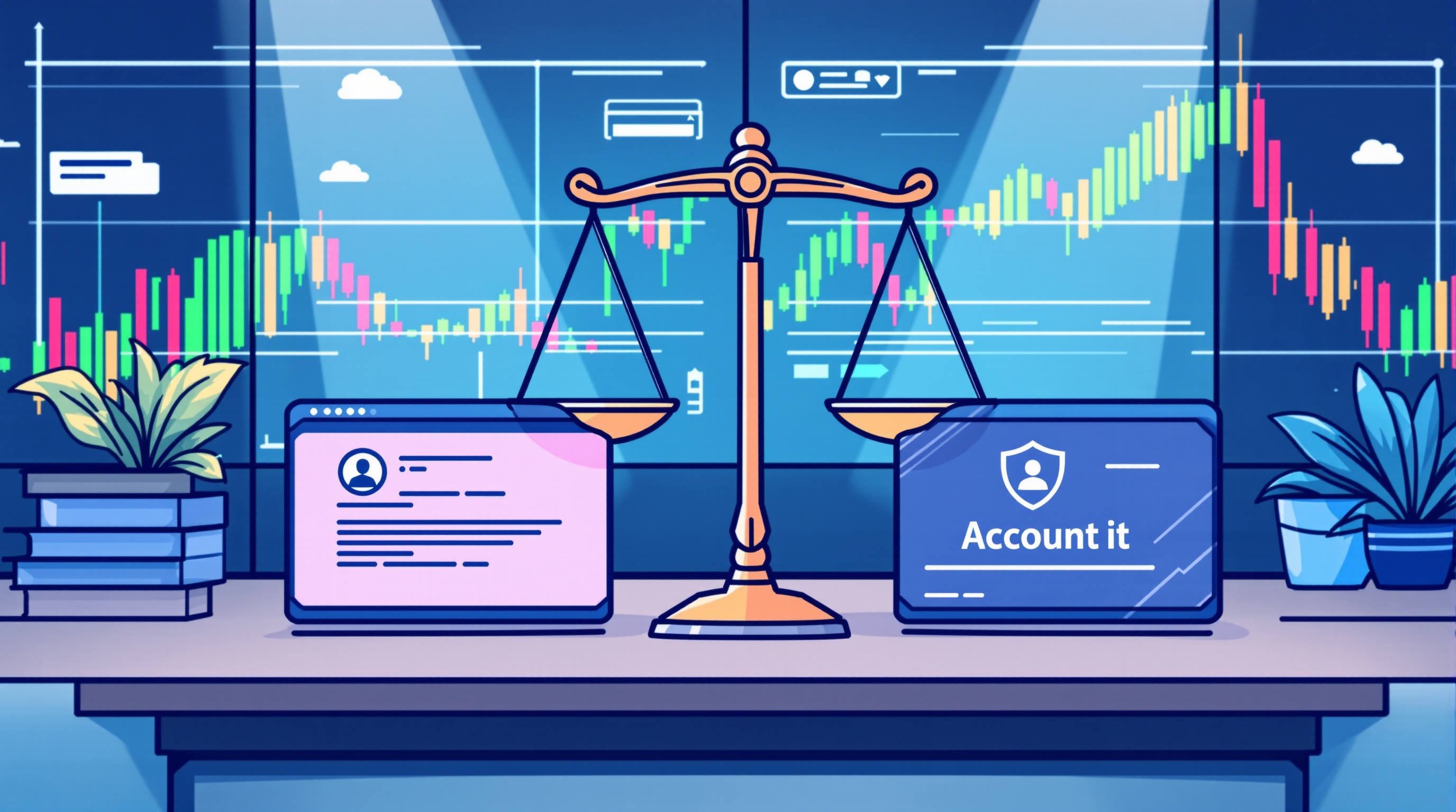Illustration of a trader reviewing account tier documents beside forex charts and a leverage scale