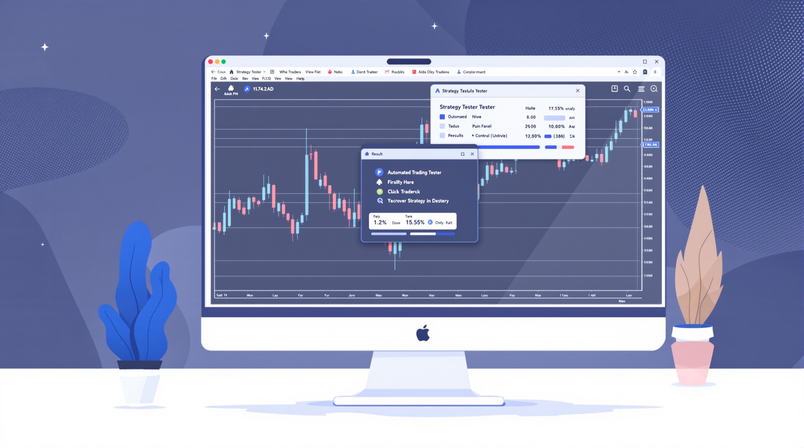 Trading screen showing MetaTrader chart with an Expert Advisor panel and strategy tester results