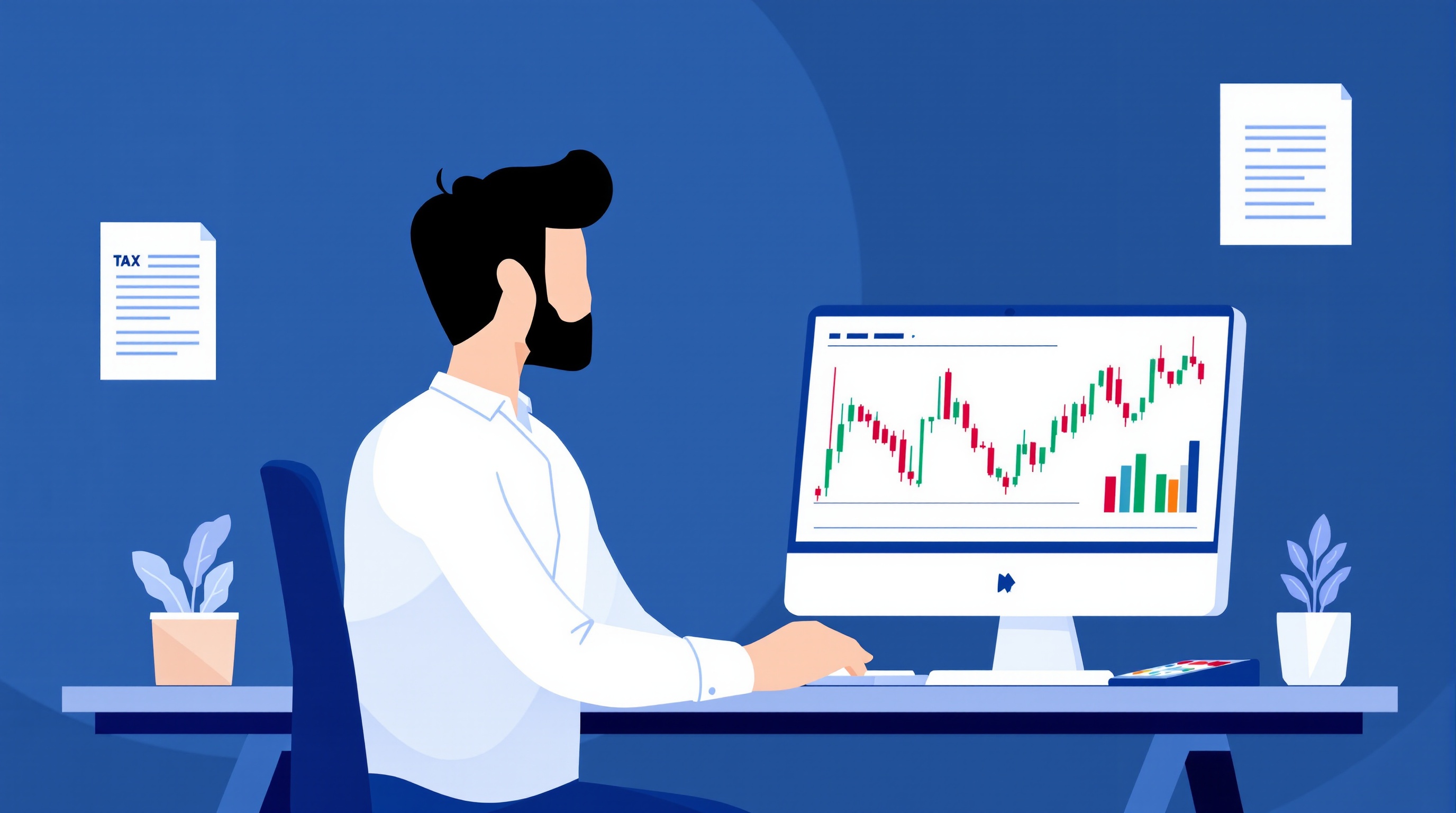 Illustration of a trader reviewing tax and profit calculations next to CFD trading charts