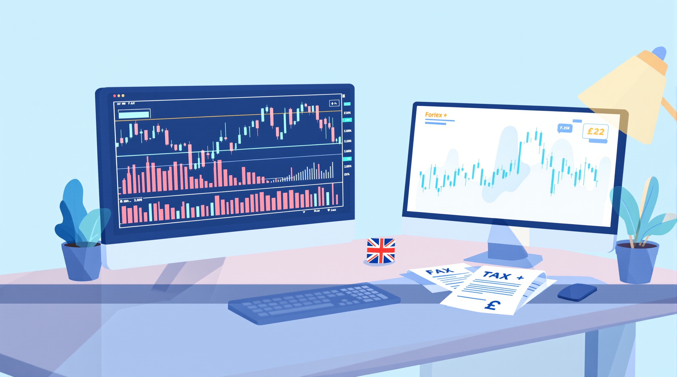 Illustration of a UK trader comparing spread betting and CFD forex accounts with tax documents and charts