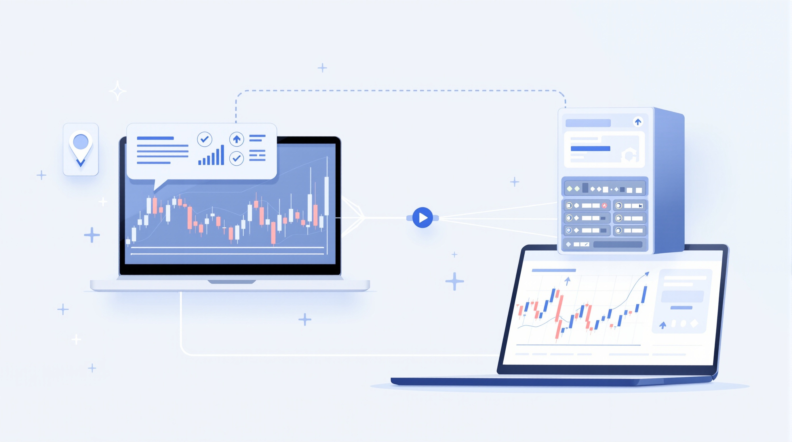 Illustration of a laptop connected to a remote server rack running MetaTrader 5 charts