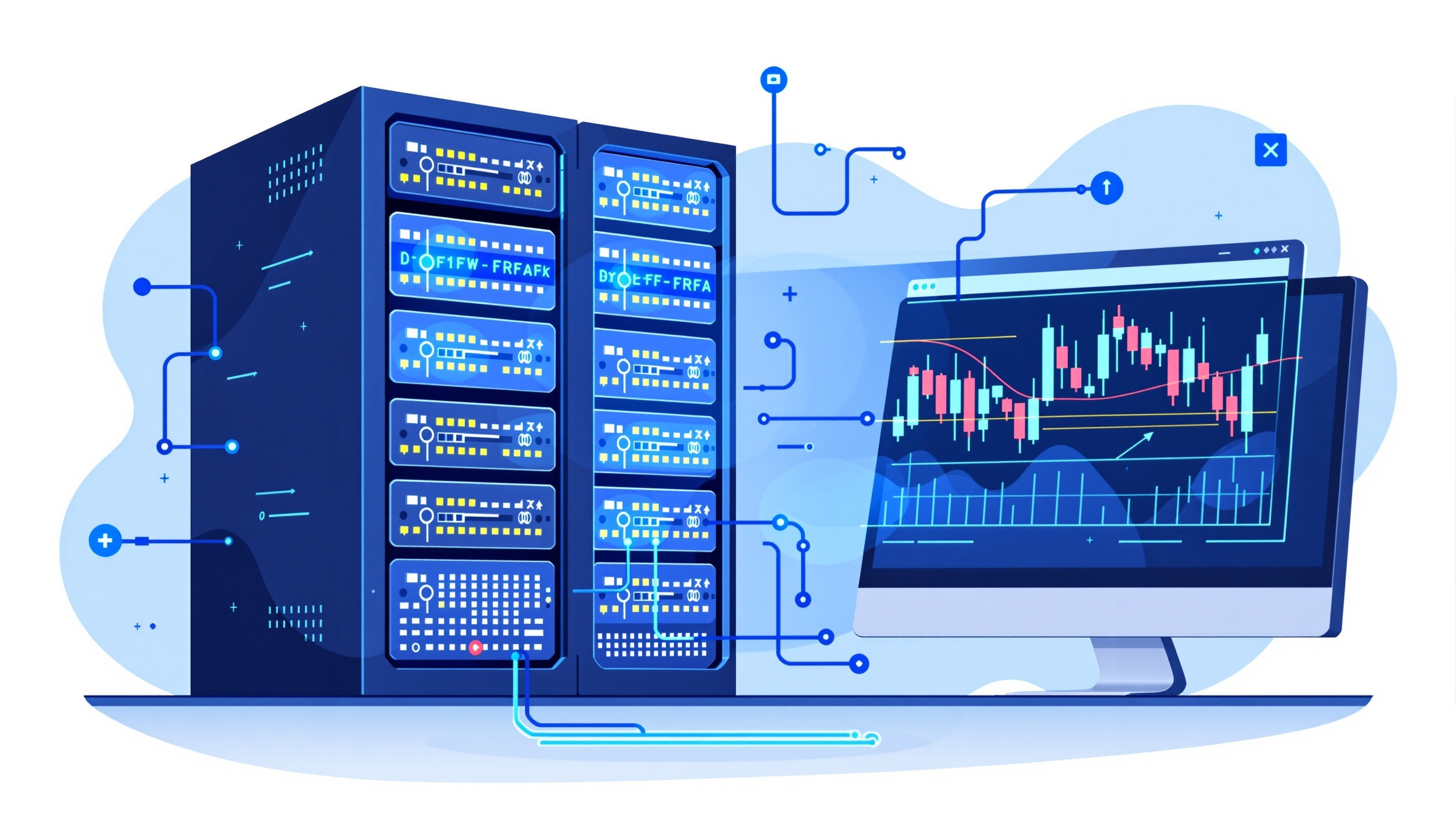 Illustration of a server rack connected to trading charts representing a VPS running MetaTrader