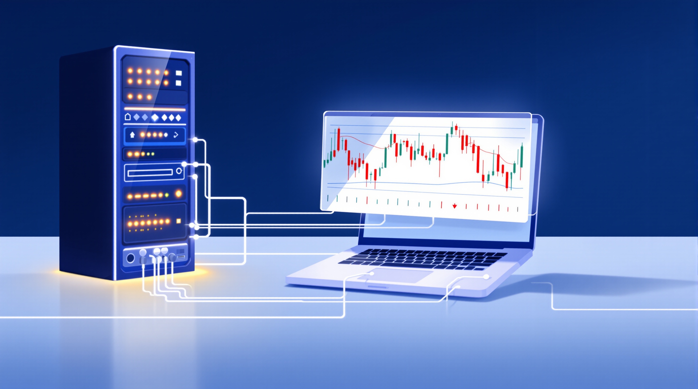 Illustration of a laptop connected to a server rack with a forex chart and network latency lines