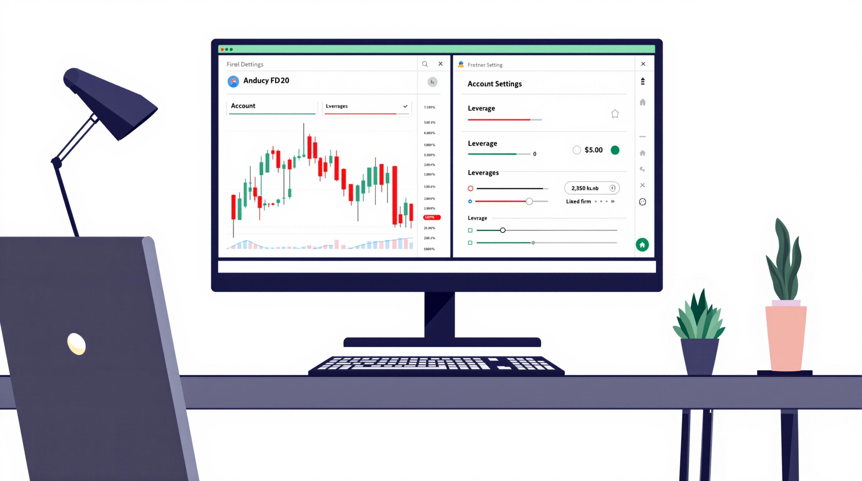Trader reviewing account tiers and leverage settings on a laptop next to a forex chart
