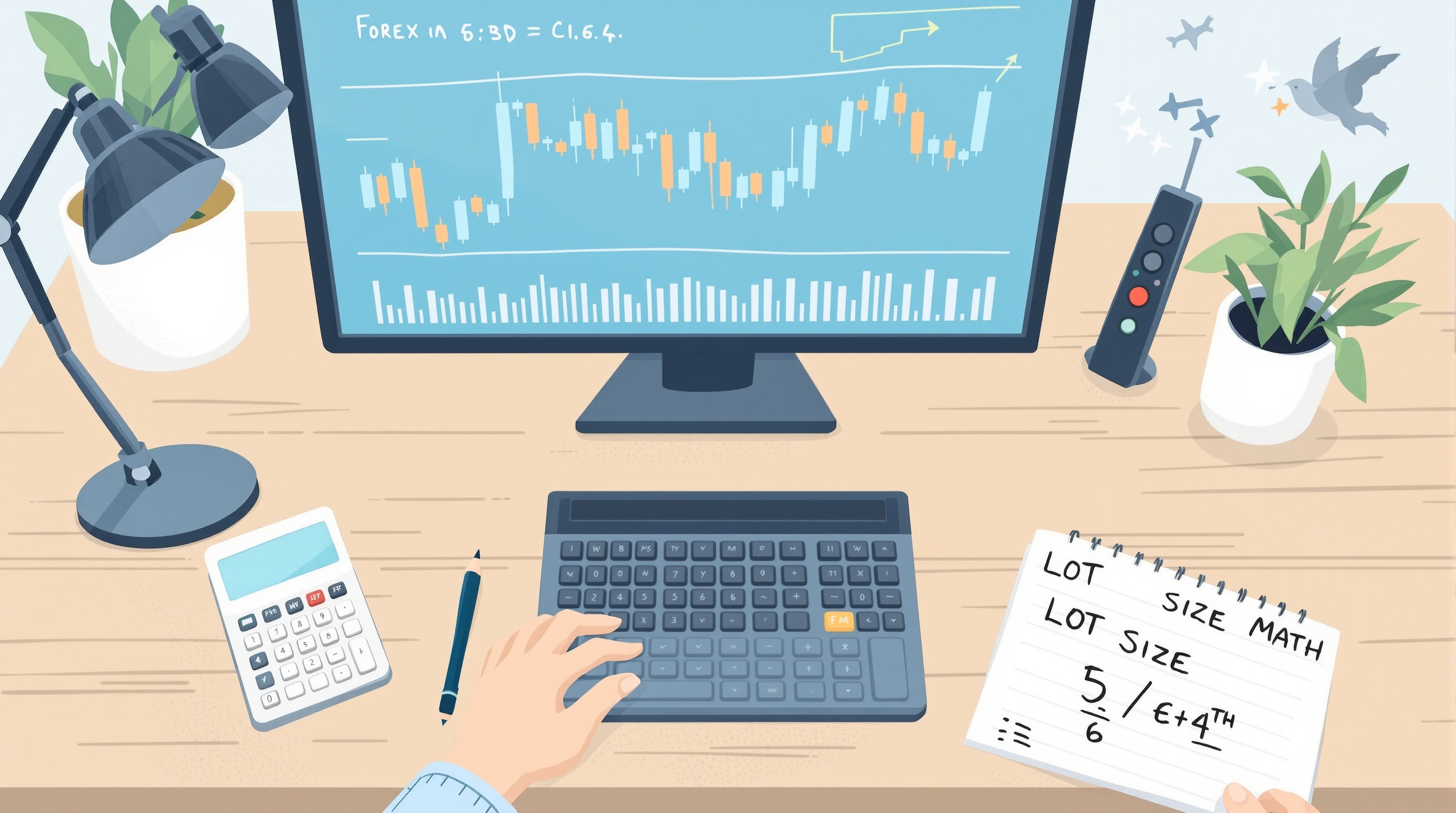 Trader calculating pip value and position size on a forex chart with a calculator and notepad