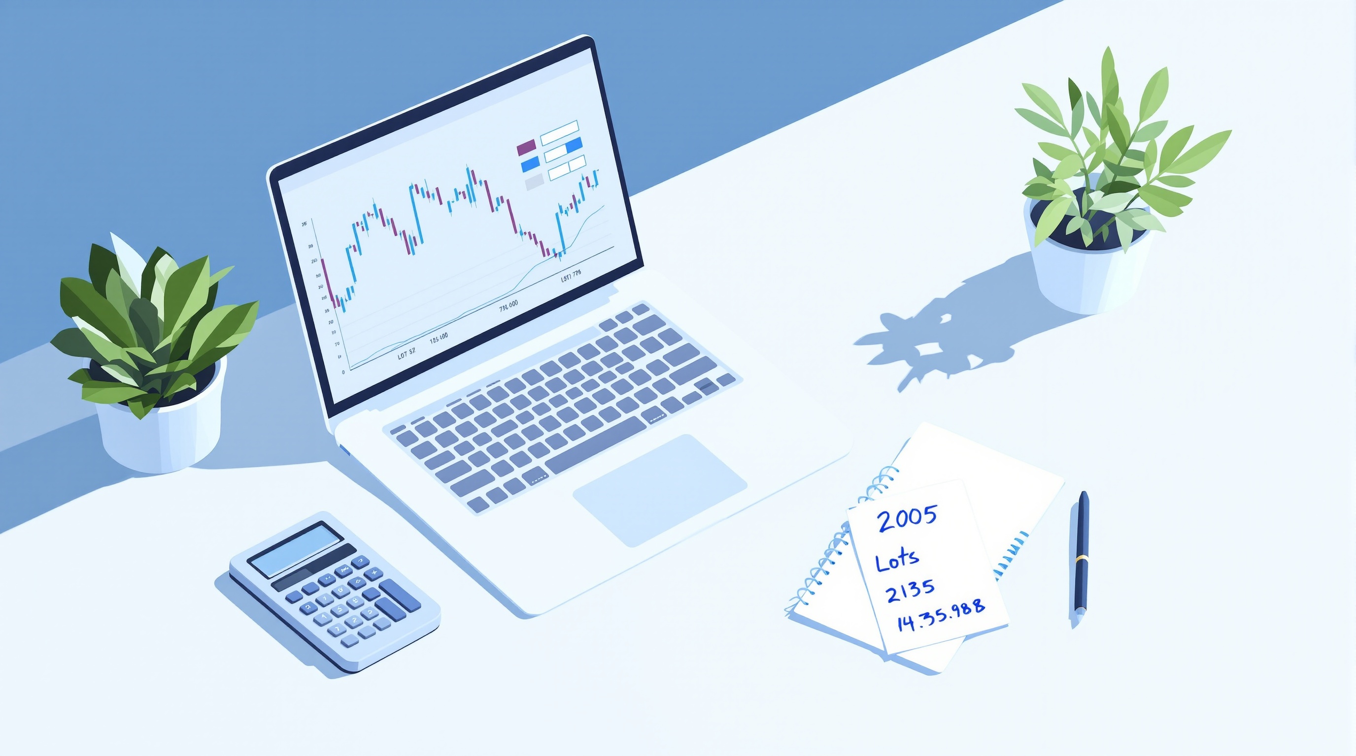 Trader calculating pip value and lot size on a laptop with a forex chart in the background