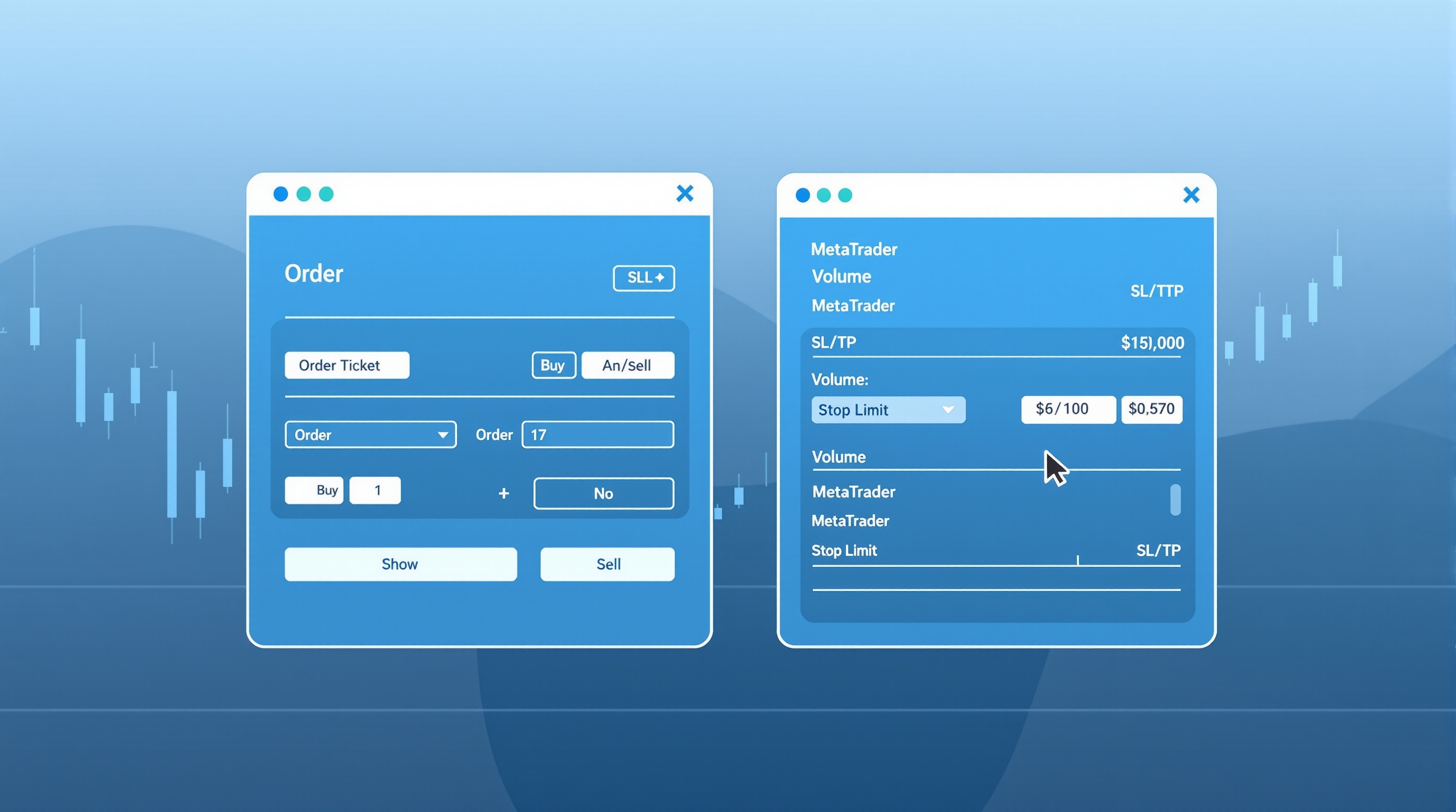 Split-screen illustration comparing an order ticket on a web trading platform with a MetaTrader order window