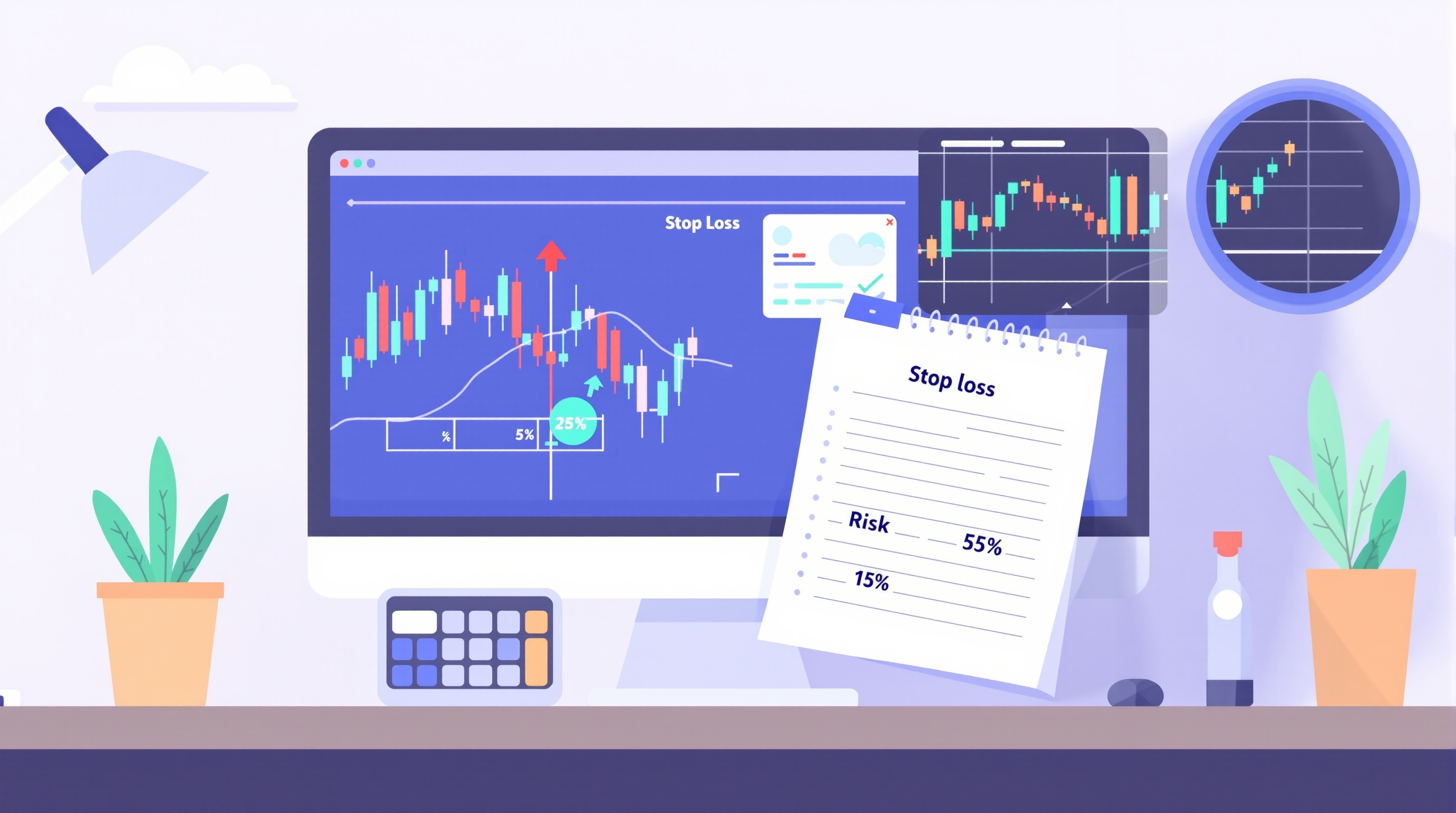 Trader calculating forex position size with a calculator and chart showing a stop-loss distance
