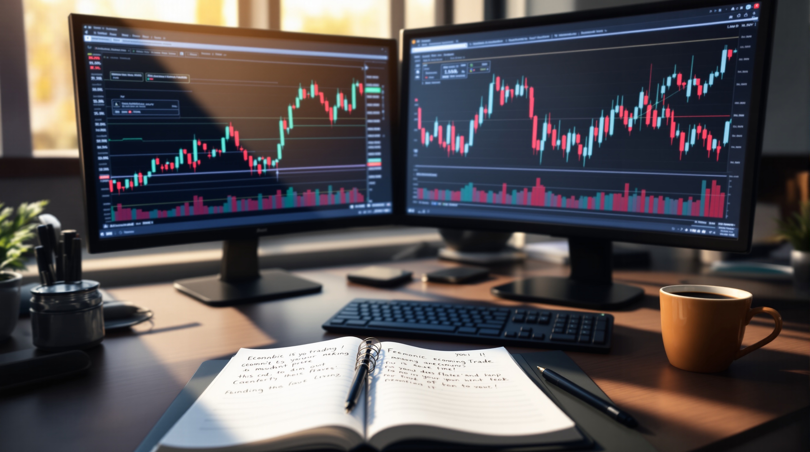 A trader's desk at dawn with charts, a notebook and coffee, representing a disciplined daily routine