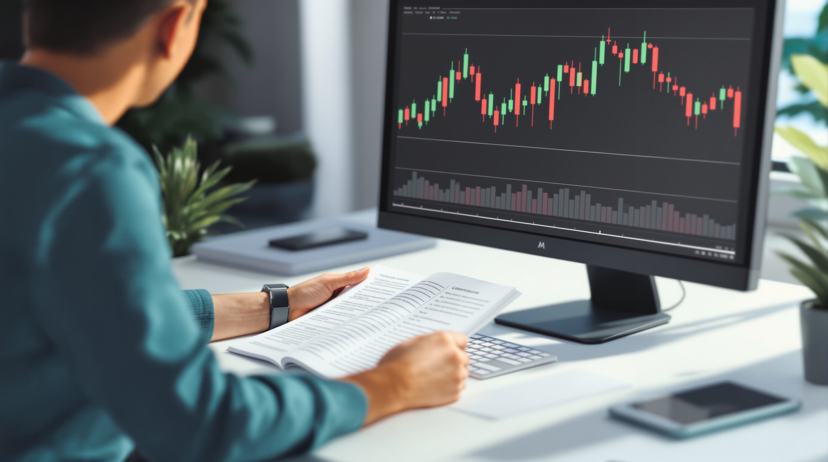 A trader calmly reviewing a trading journal and charts at a desk, representing long-term discipline