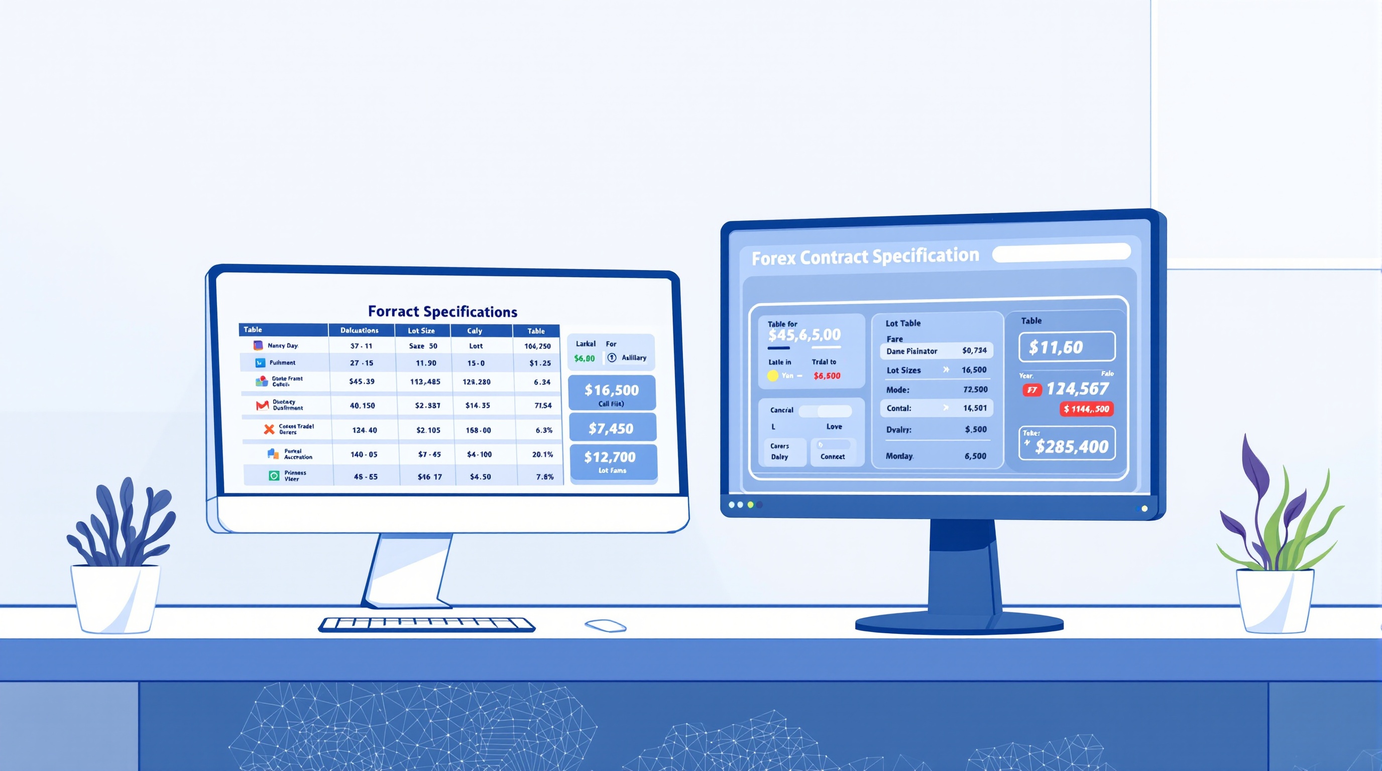 Trader comparing contract specification tables for forex pairs on two broker platforms