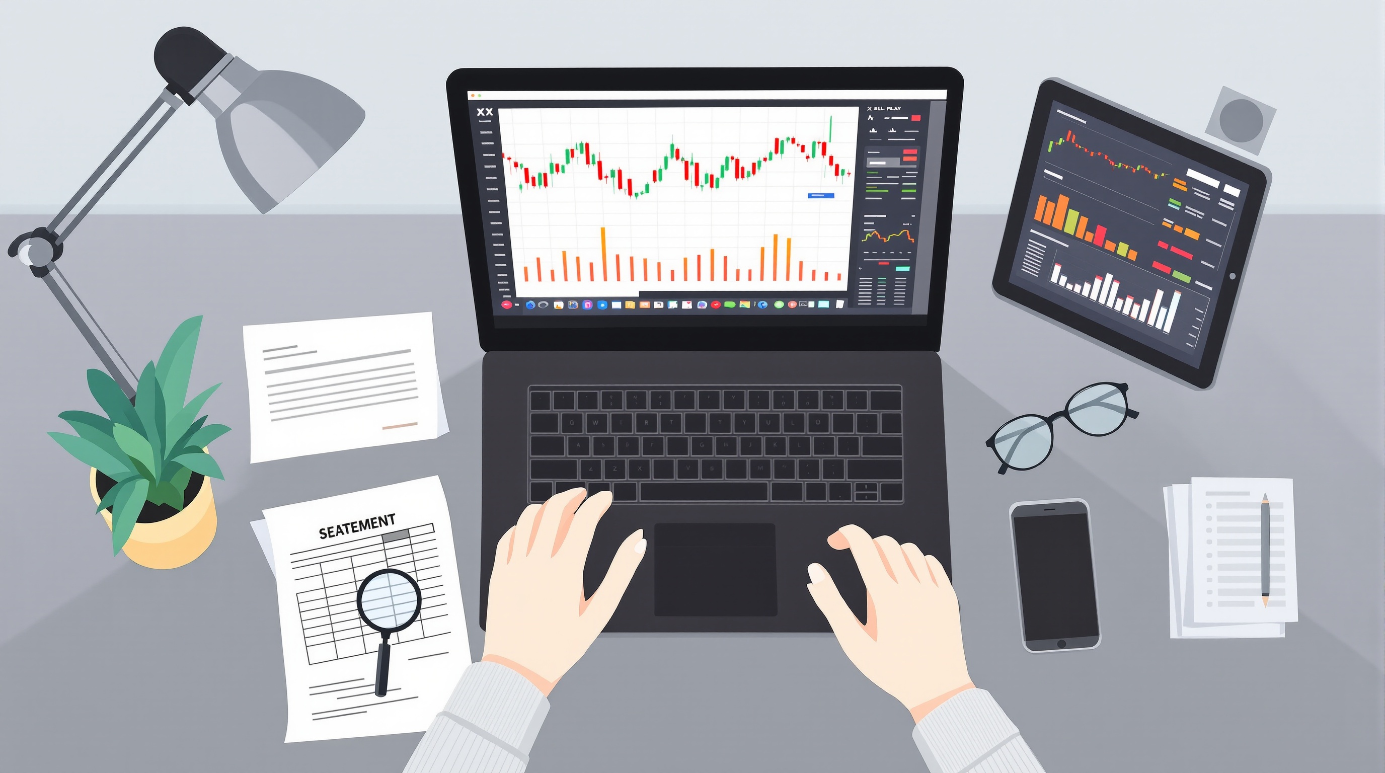 Trader reviewing spreadsheets and broker statements alongside a laptop showing charts