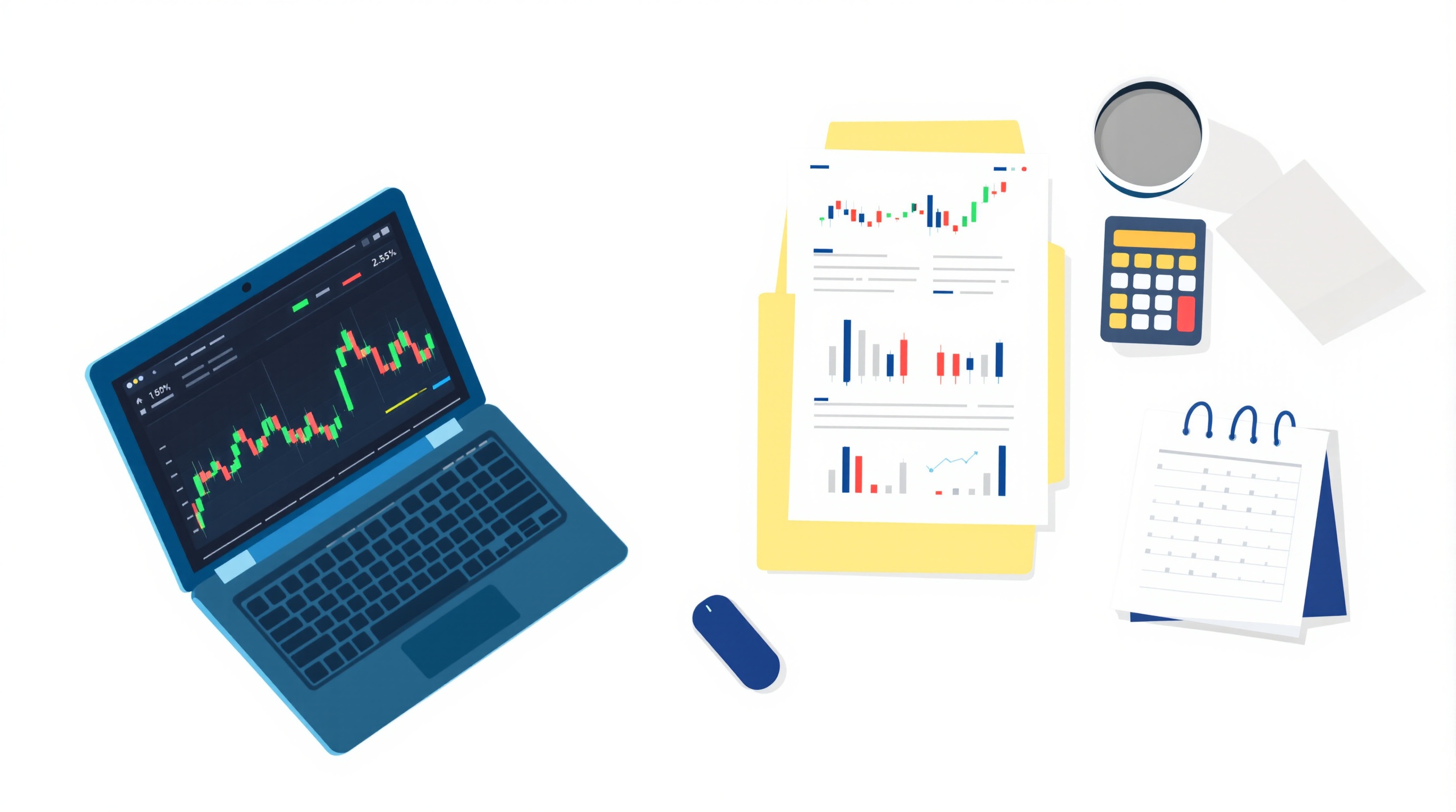 Illustration of a trader organising folders, spreadsheets and broker statements on a desk with charts in the background