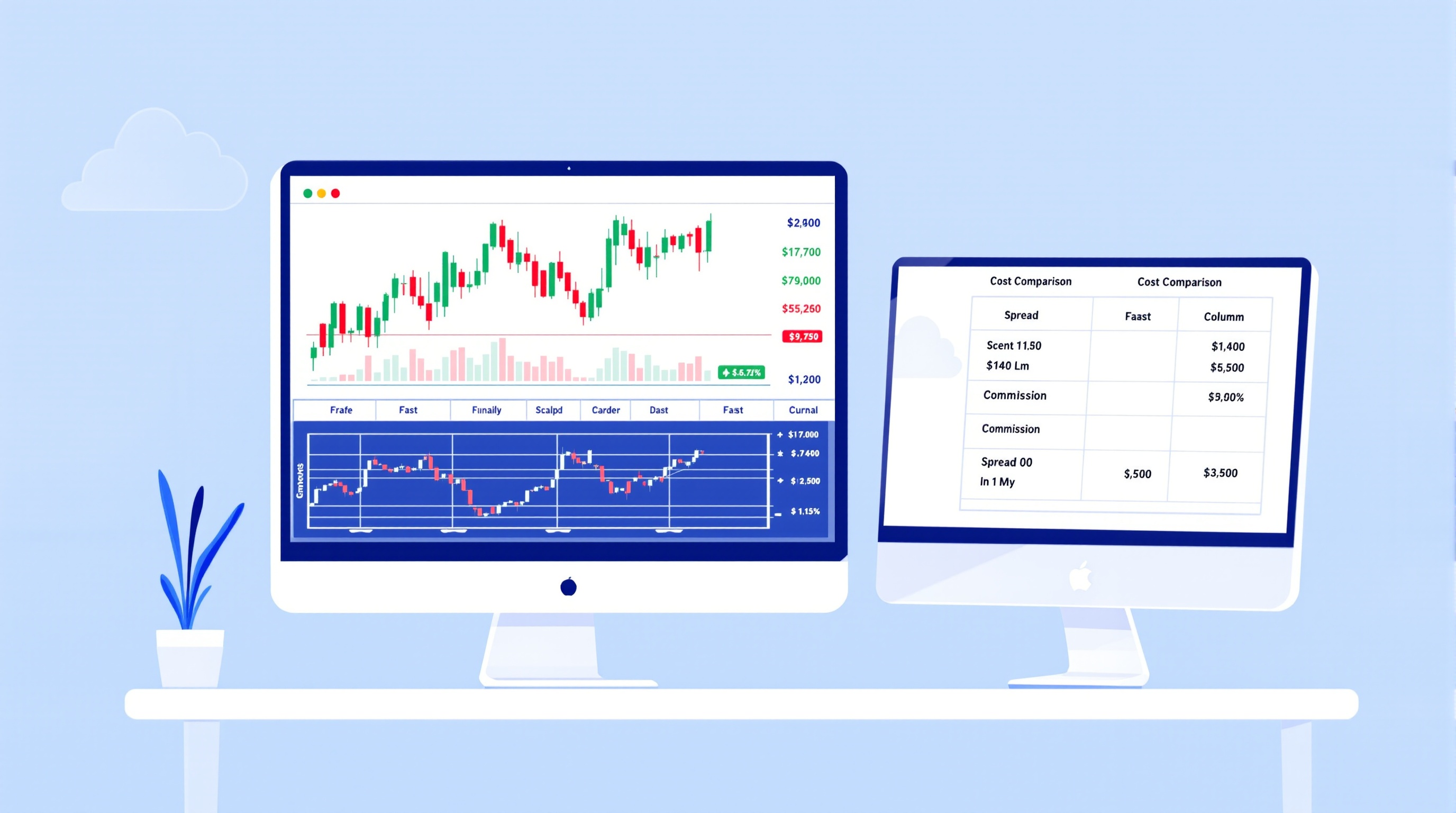 Trader comparing a spread and commission cost table against a fast-moving one-minute chart