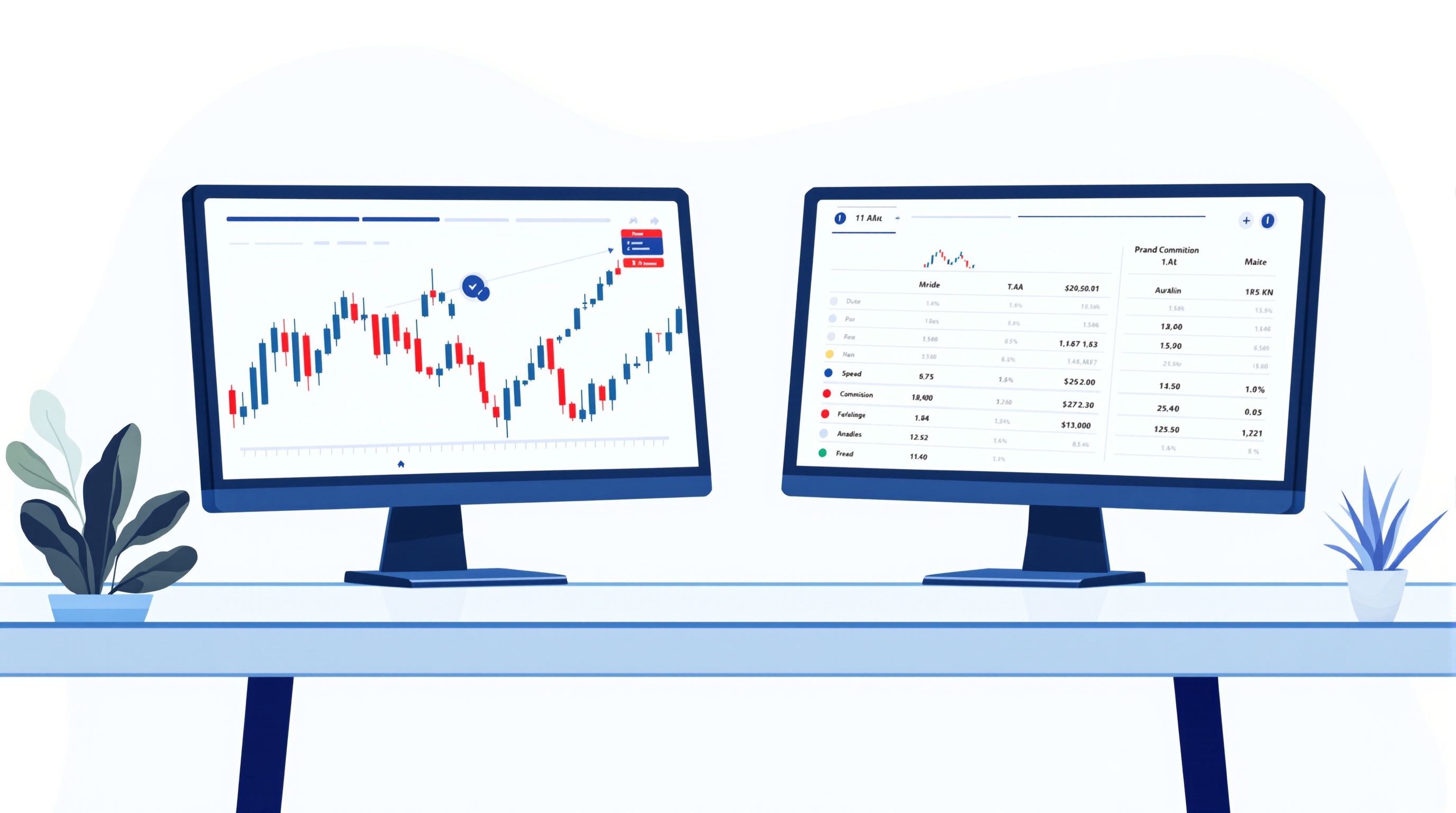 Trader comparing a broker cost table against a scalping chart setup on two screens