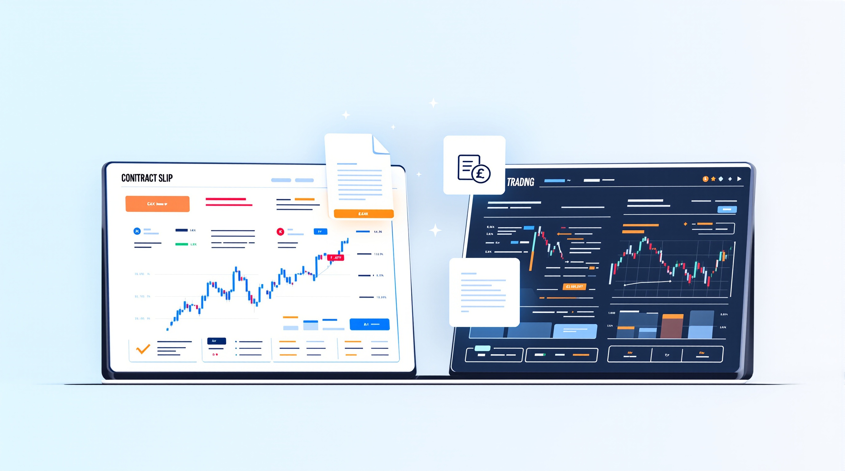 Side-by-side illustration of spread betting and CFD trading dashboards with tax and cost icons